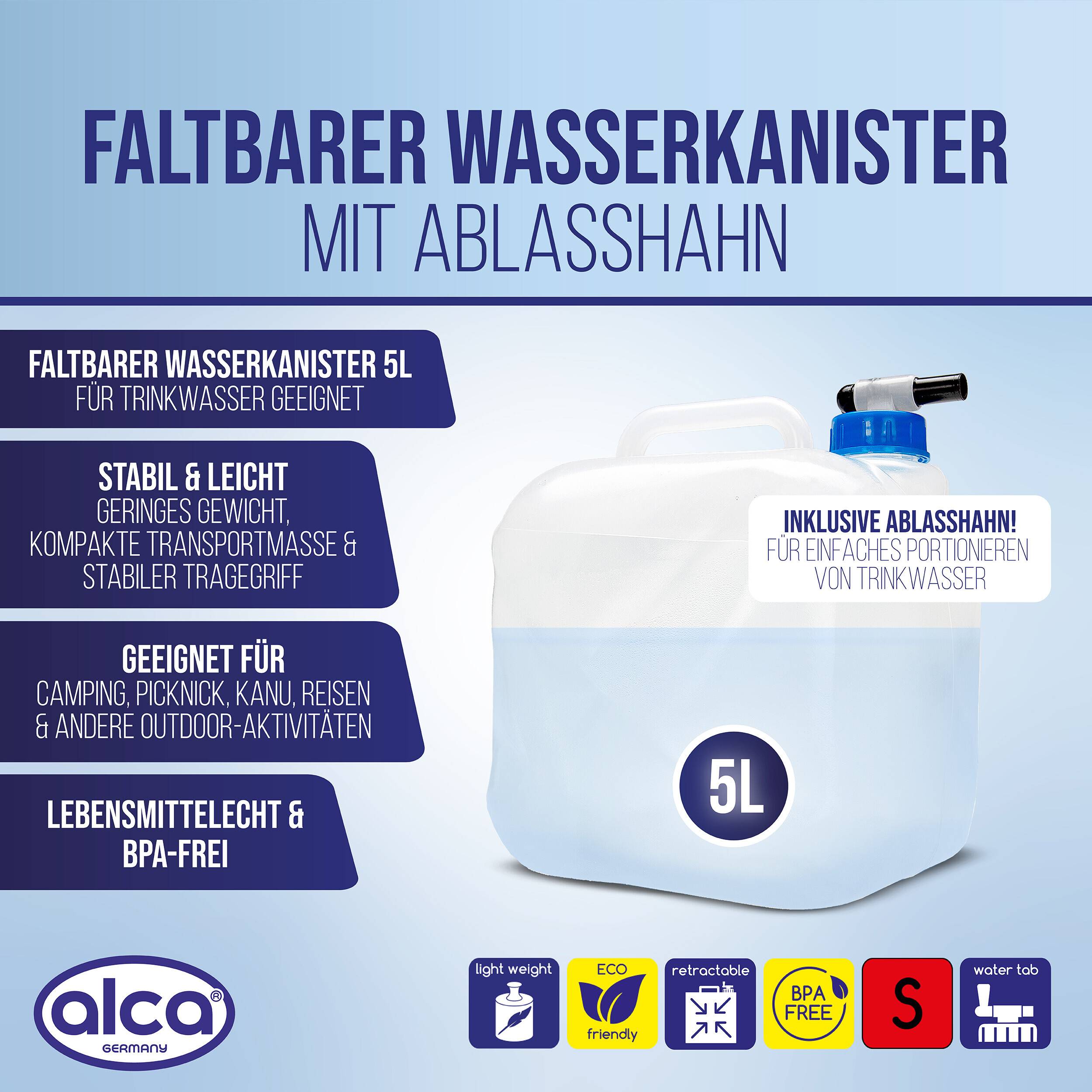 alca® Wasserkanister faltbar 5 l, Trinkwasserbehälter mit Ablasshahn BPA-frei