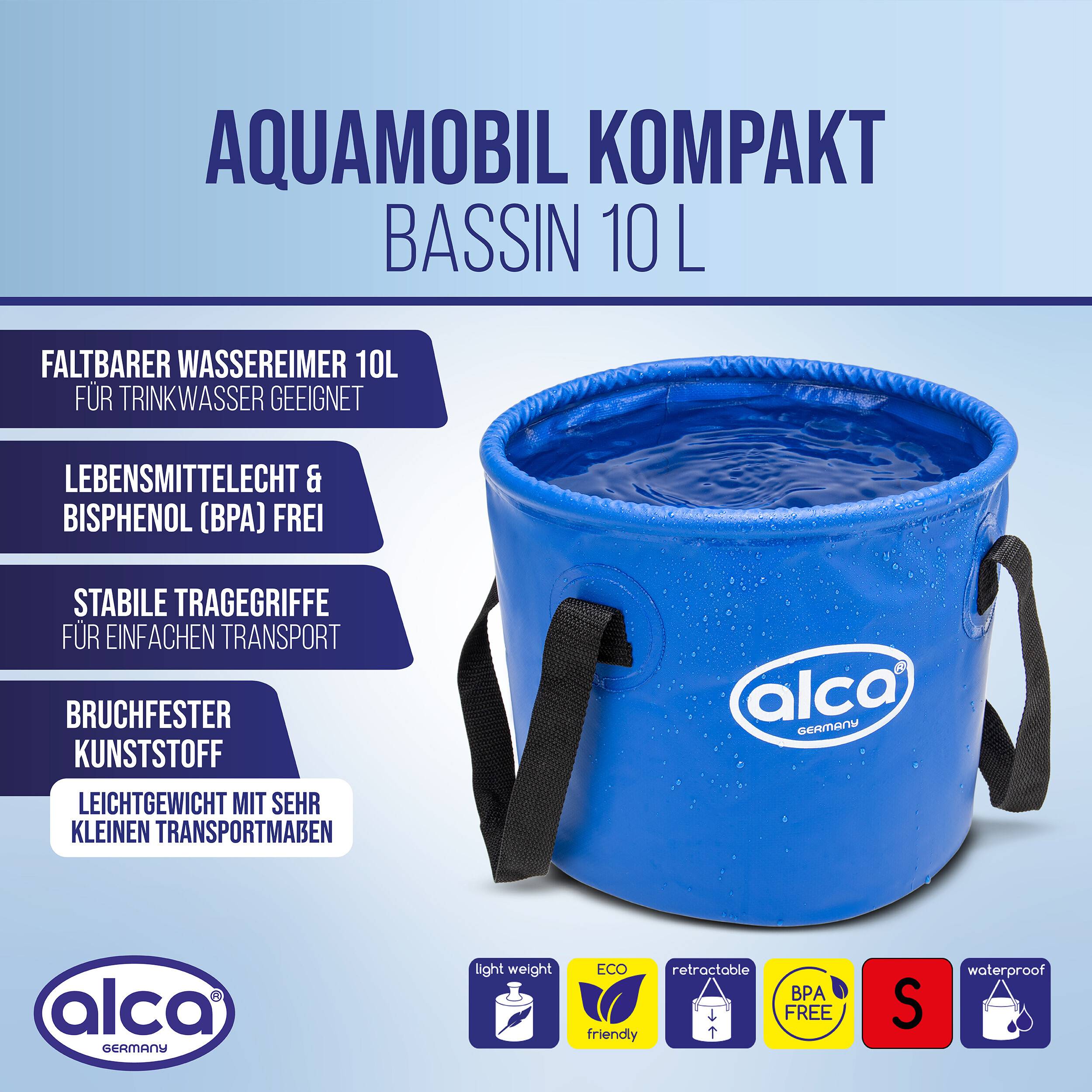 Blauer faltbarer 10-Liter-Wassercontainer mit Griffen, mit der Bezeichnung „AQUAMOBIL KOMPAKT BASSIN 10 L