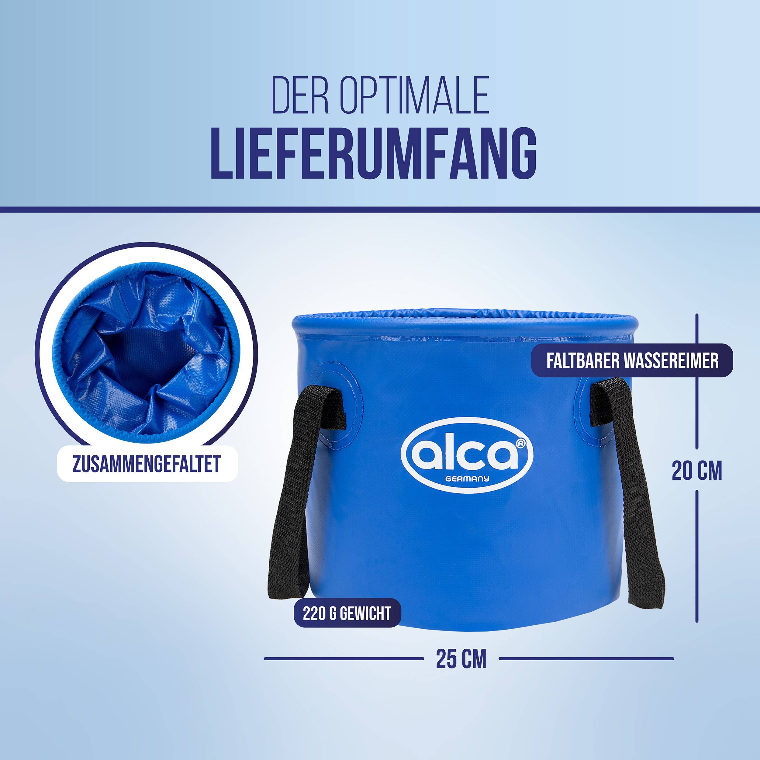 Infografik eines blauen faltbaren Eimers mit den idealen Lieferinhalten: Gefaltete und offene Ansichten eines 