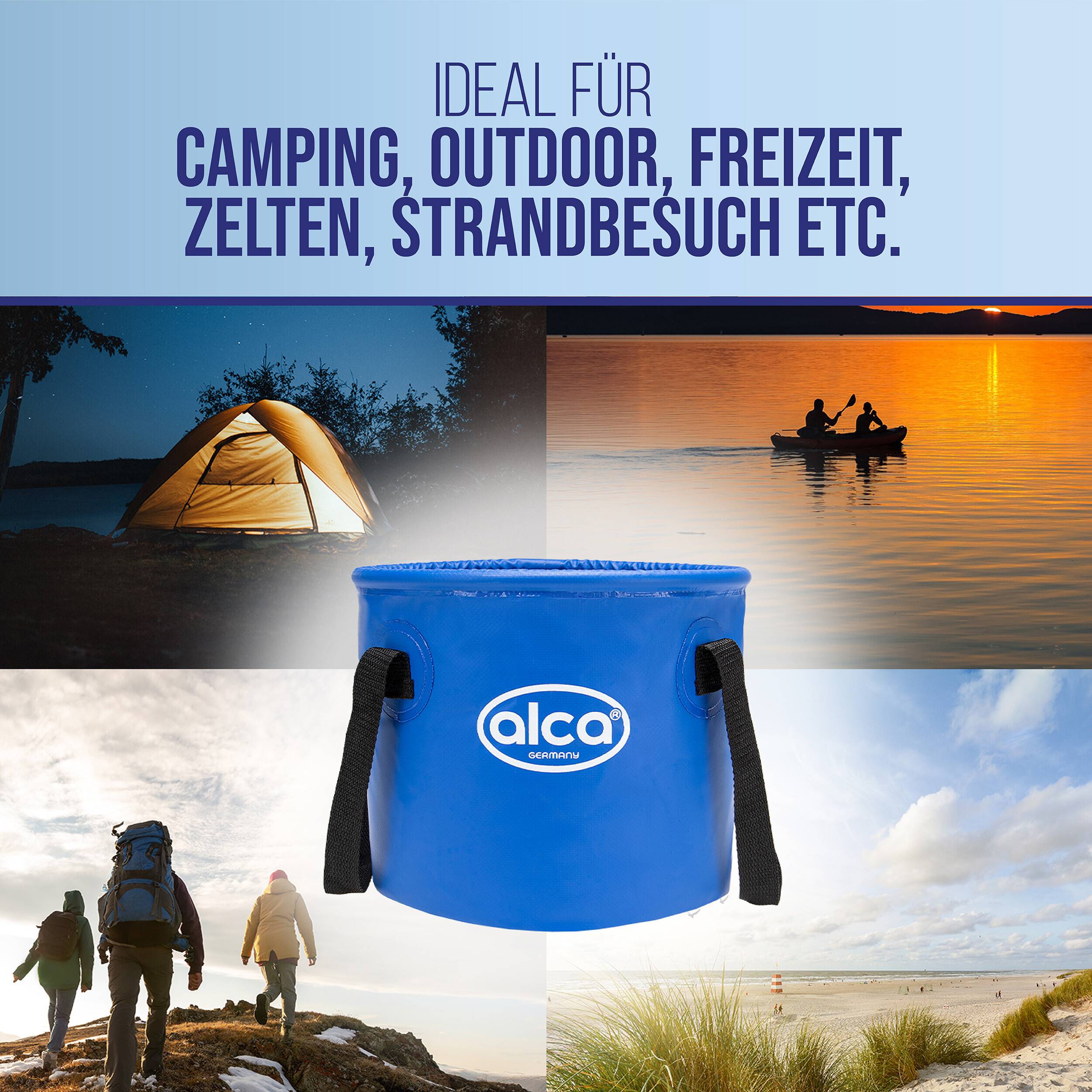 Blue Alca zusammenklappbarer Campingeimer wird mit Camping-, Strand- und Outdoor-Szenen gezeigt; der Text besagt, dass er ideal für Camping, Outdoor, Freizeit, Zelte und Strandbesuche ist.