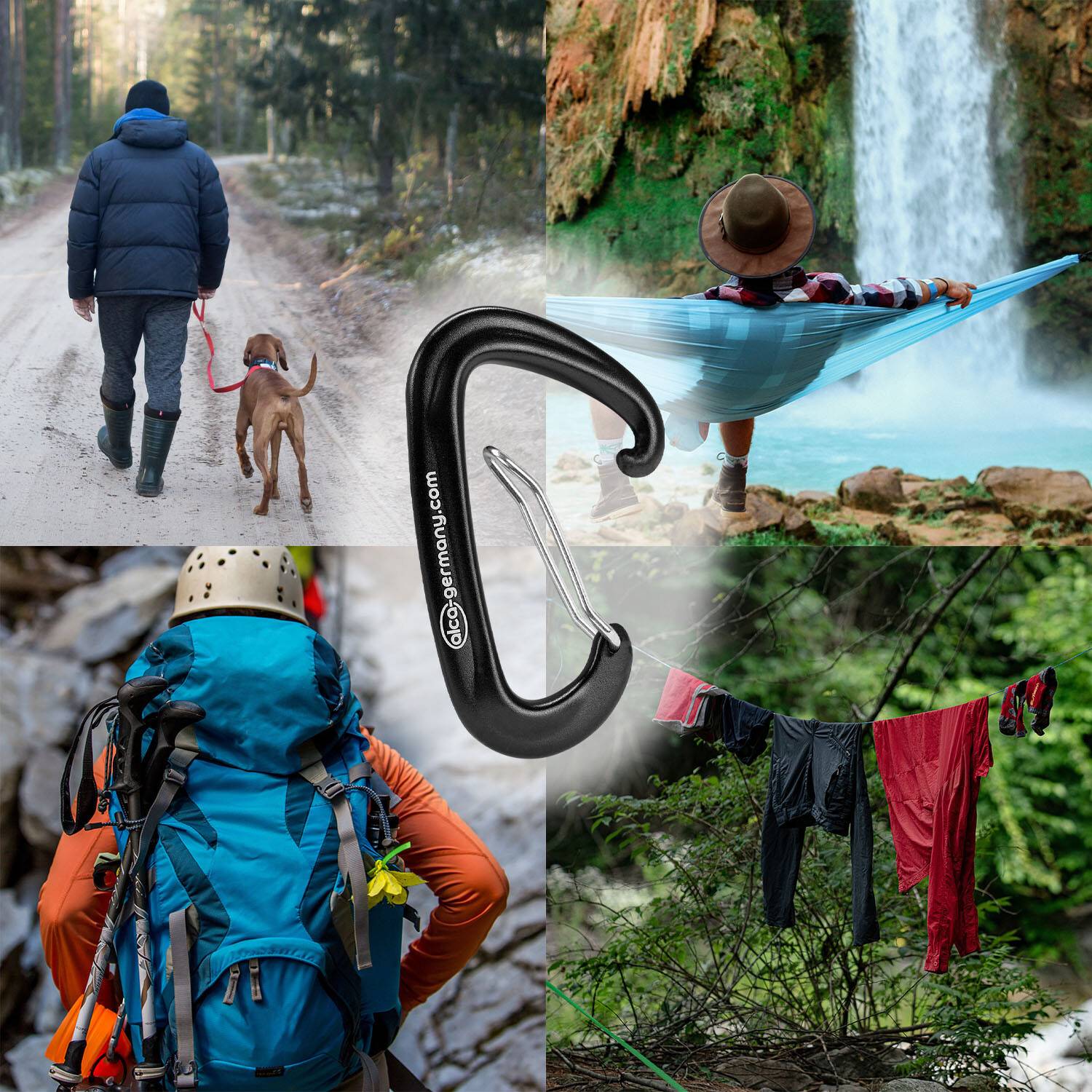 Mann geht mit Hund auf Waldweg spazieren; Wanderer mit Rucksack; Person in Hängematte bei Wasserfall; Wäsche trocknet draußen; Karabiner links, zentral.