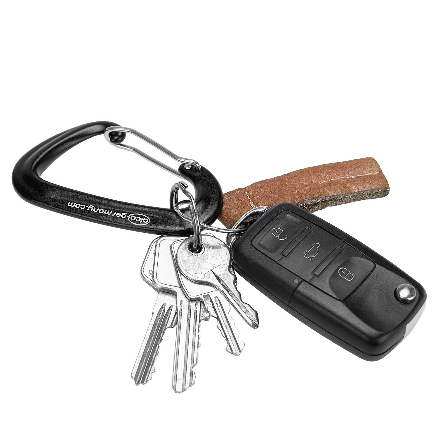 Ein Satz aus fünf Schlüsseln an einem runden Schlüsselring, befestigt an einem schwarzen Karabiner und einem braunen Lederanhänger, neben einer schwarzen Autoschlüssel-Fernbedienung.