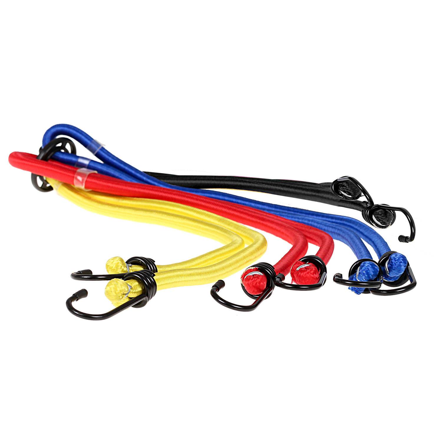 Vier farbenfrohe Bungee-Seile (blau, rot, gelb, schwarz) mit Metallhaken auf weißem Hintergrund.