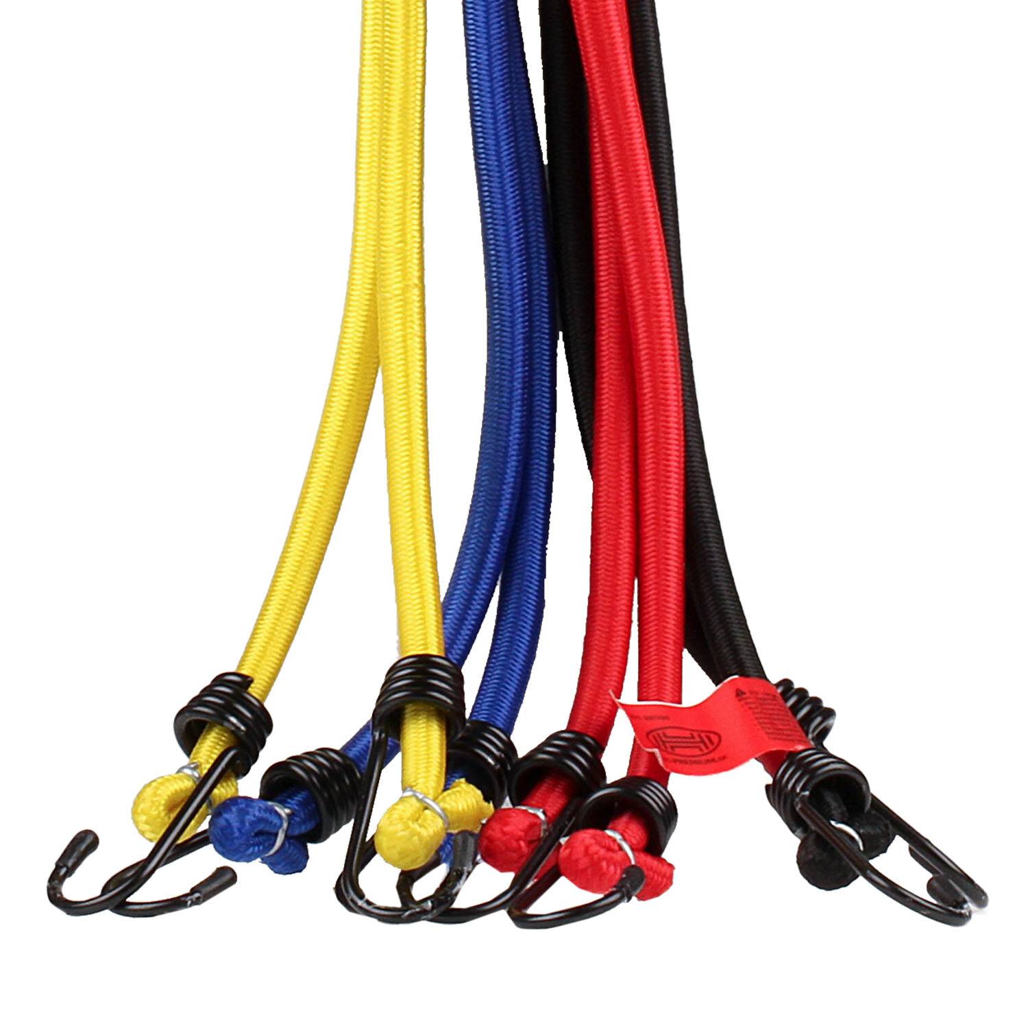 Vier Bungee-Seile mit Haken in Gelb, Blau, Rot und Schwarz sind miteinander verflochten und liegen auf einer Oberfläche.