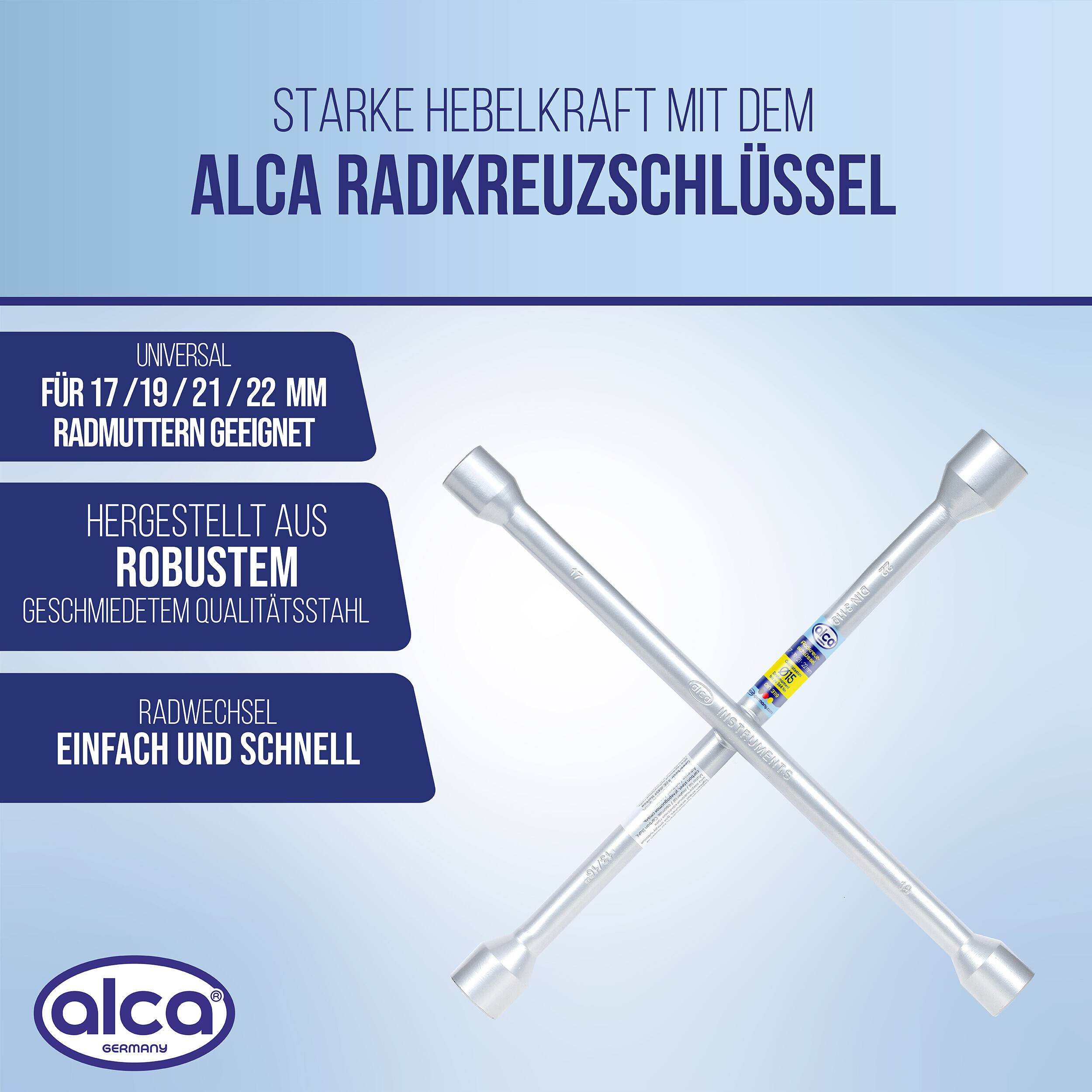 alca® Radkreuzschlüssel mit 17-19-21-22 mm Schlüsselweiten Schlüssel für Radmuttern gängiger Autos &