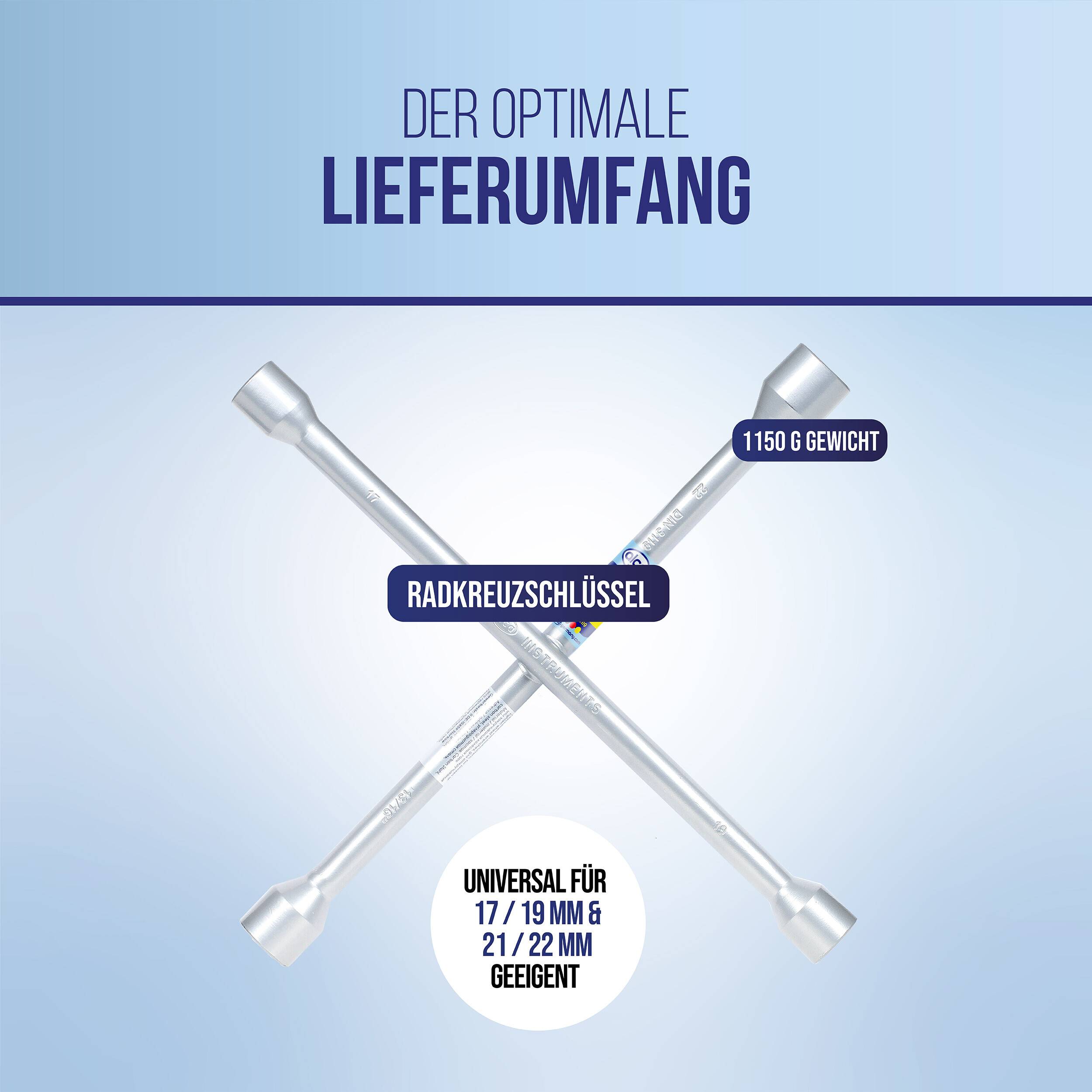Infografik mit dem optimalen Lieferpaket für eine Radmutternschlüssel: ein gekreuzter 'Radkreuzschlüssel' mit einem Gewicht von 1150 g, geeignet für 17/19 mm und 21/22 mm Größen.