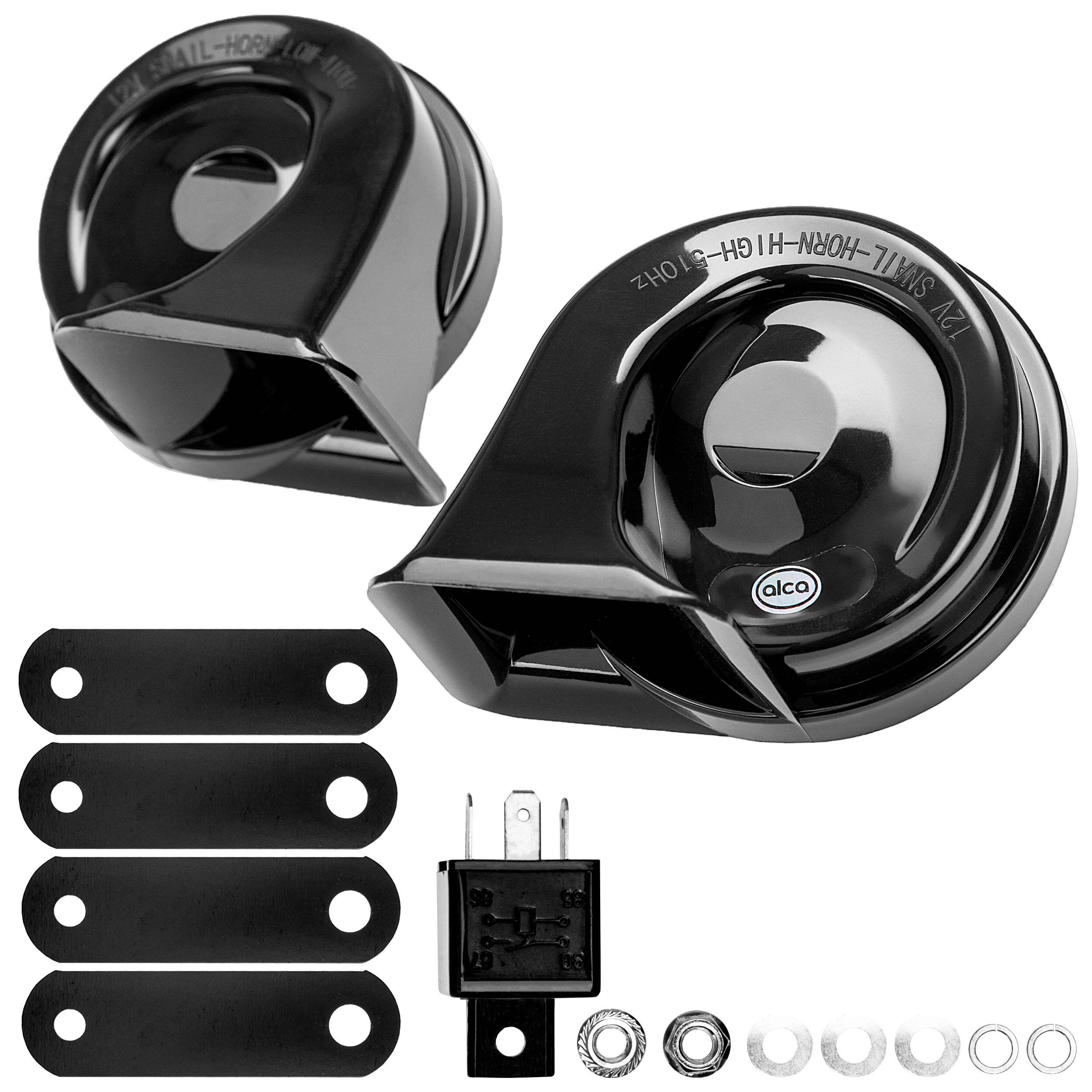 alca® Hupe Hoch-Tief 12 V elektrisch 480 Hz / 410 Hz Frequenz 110 dB laut schwarze Farbe universell für viele Fahrzeuge