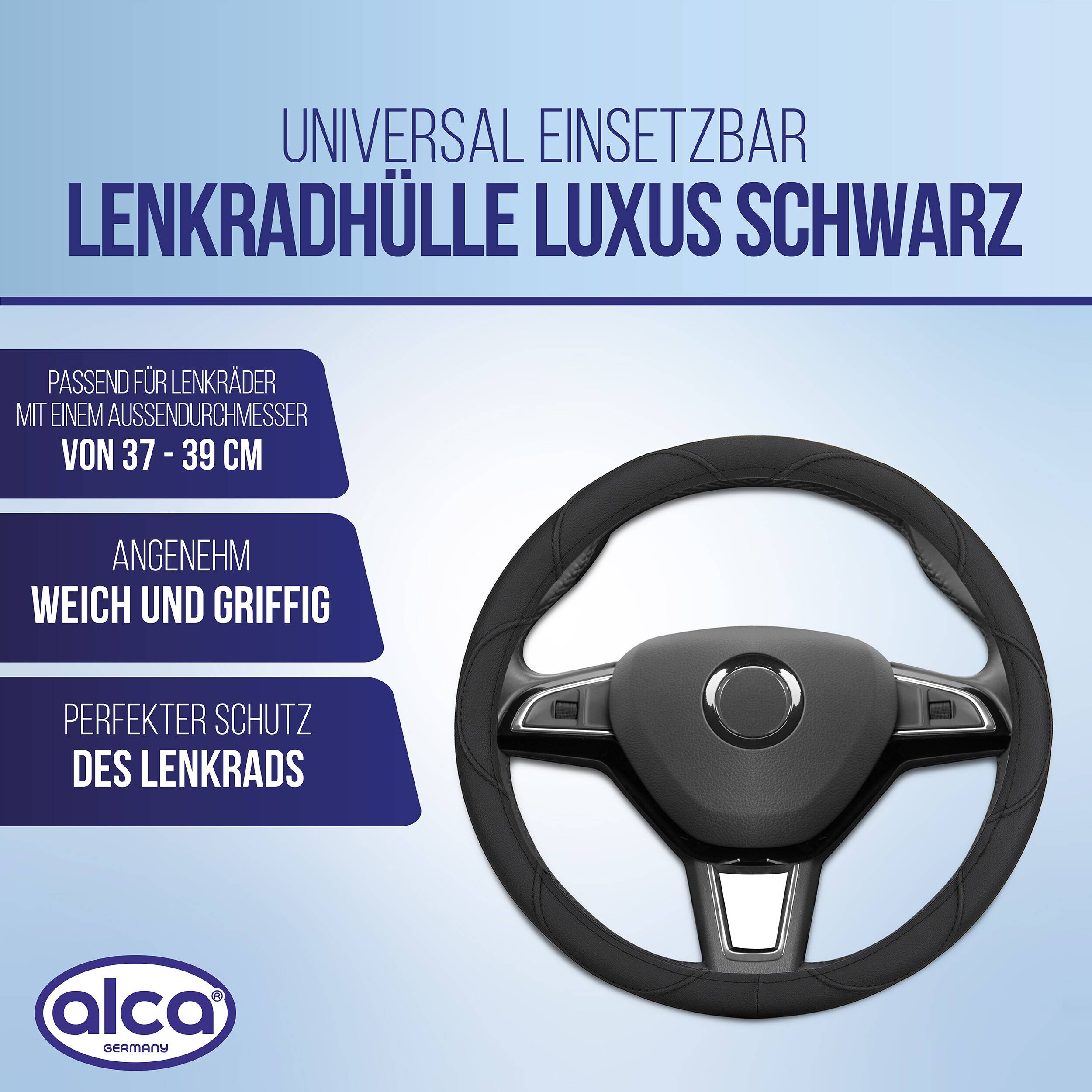 Universelle Lenkradbezug in Schwarz für 37–39 cm Lenkräder mit komfortablem Griff und Lenkradschutz.