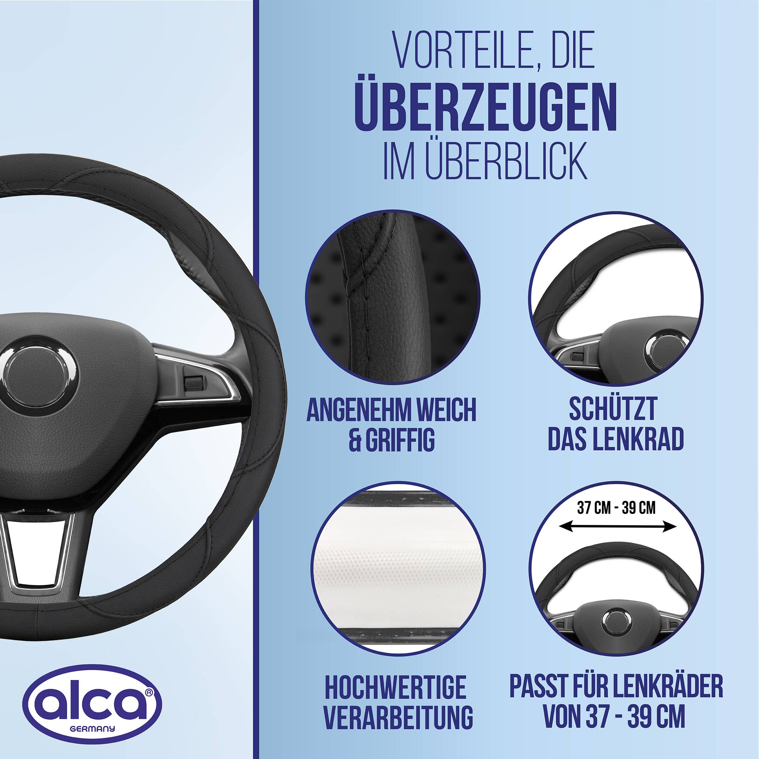 Infografik einer Alca-Lenkradabdeckung, die zeigt, dass sie weich und griffig ist, das Lenkrad schützt, eine hochwertige Verarbeitung hat und auf Lenkräder von 37-39 cm passt.