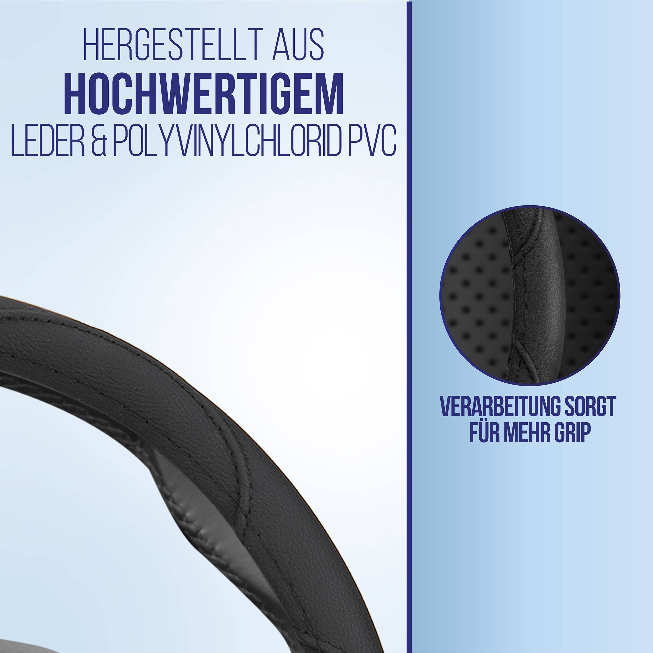 Deutsches Produktgrafik zeigt einen schwarzen Griff aus Leder und PVC; der Text besagt „Hergestellt aus hochwertigem Leder und Polyvinylchlorid