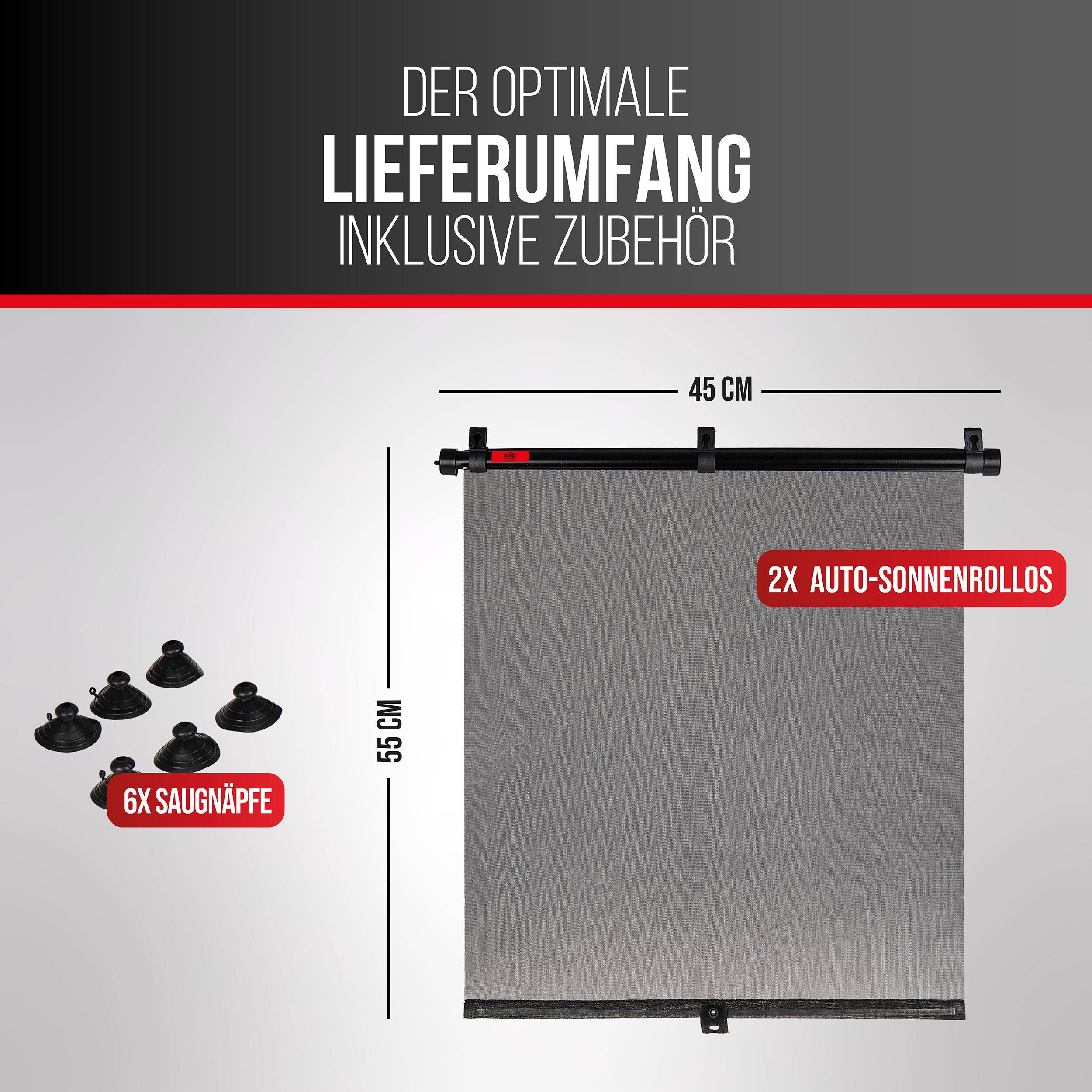 Infografik mit optimalem Lieferumfang: 2 Auto-Sonnenschutz, 6 Saughaftungen und die Schattengröße beträgt 45 cm Breite mal 55 cm Höhe.