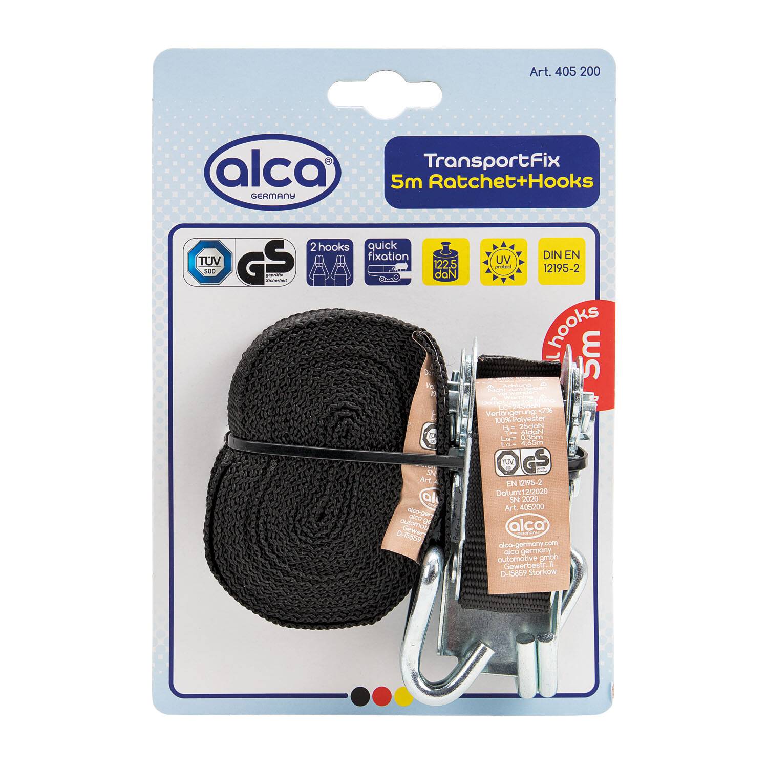 alca® Spanngurt 1 x 5 m mit Ratsche + 2 Stahlhaken 122,5 daN schwarz verstellbar mit Ratschenspanner Spanngurt