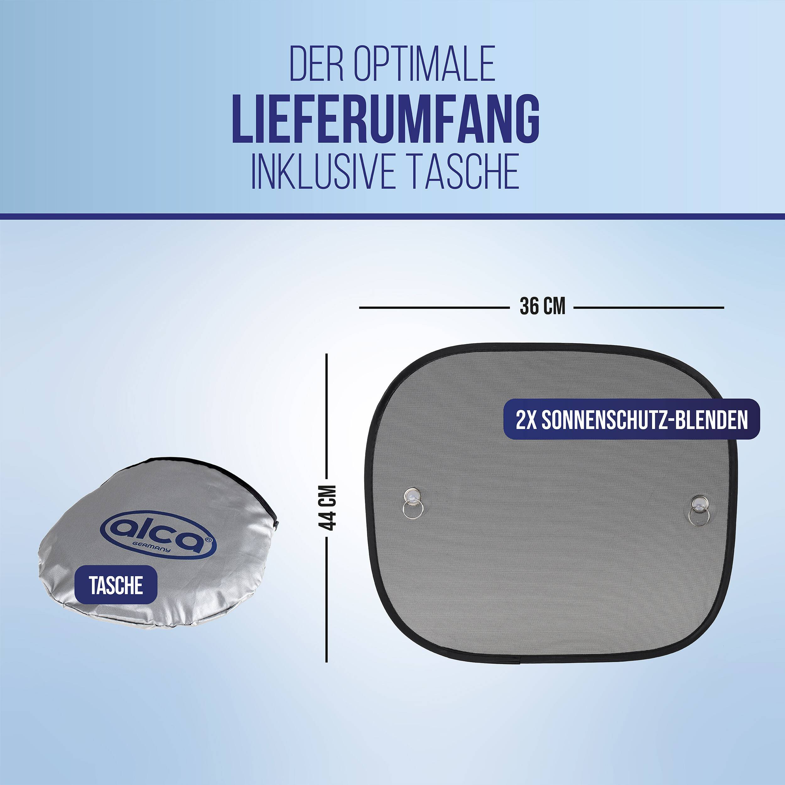 alca® Auto-Sonnenschutz 44x36cm 2er Set Autofenster Sonnenblende UV Schutz Befestigung mit Saugnäpfen Scheibe
