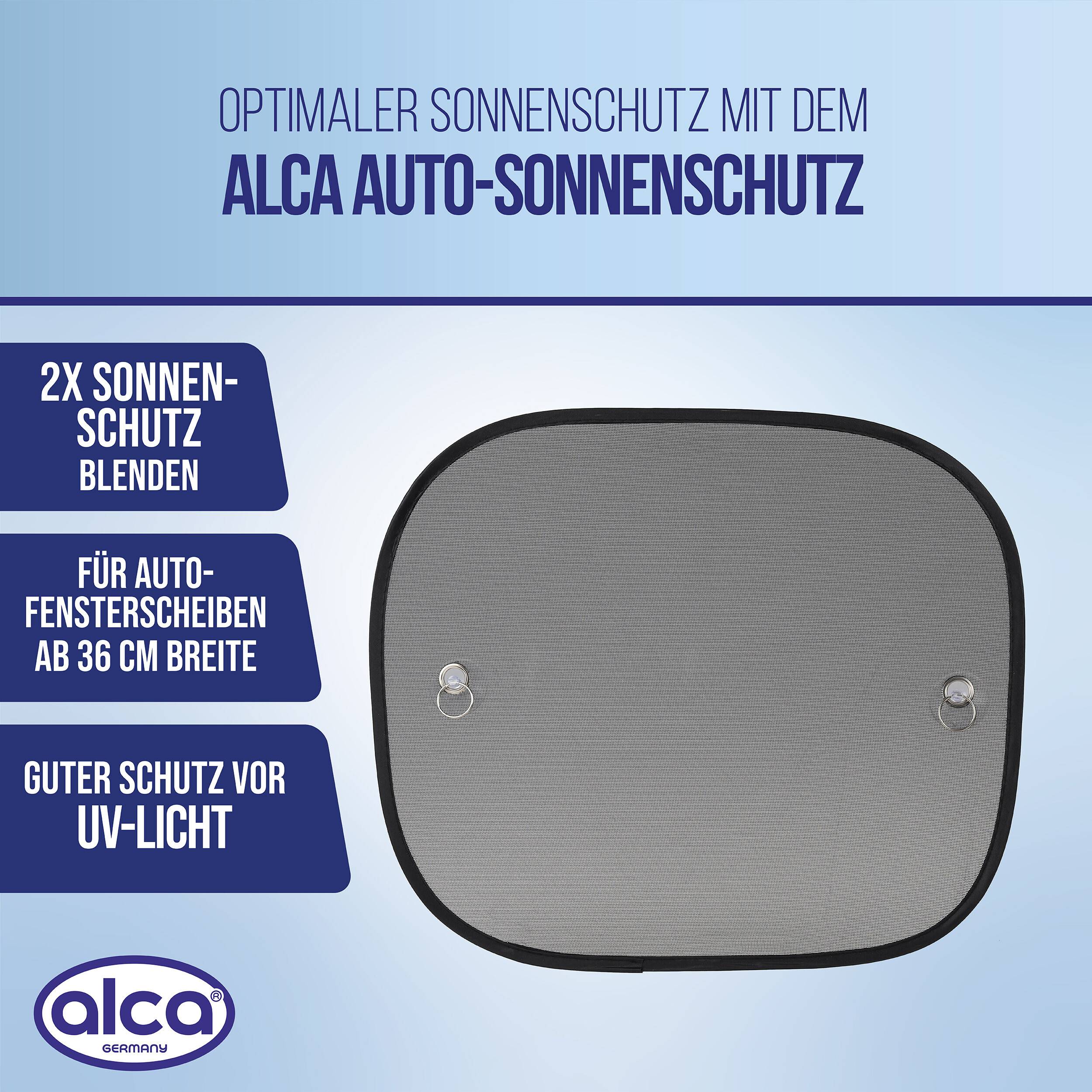 alca® Auto-Sonnenschutz 44x36cm 2er Set Autofenster Sonnenblende UV Schutz Befestigung mit Saugnäpfen Scheibe