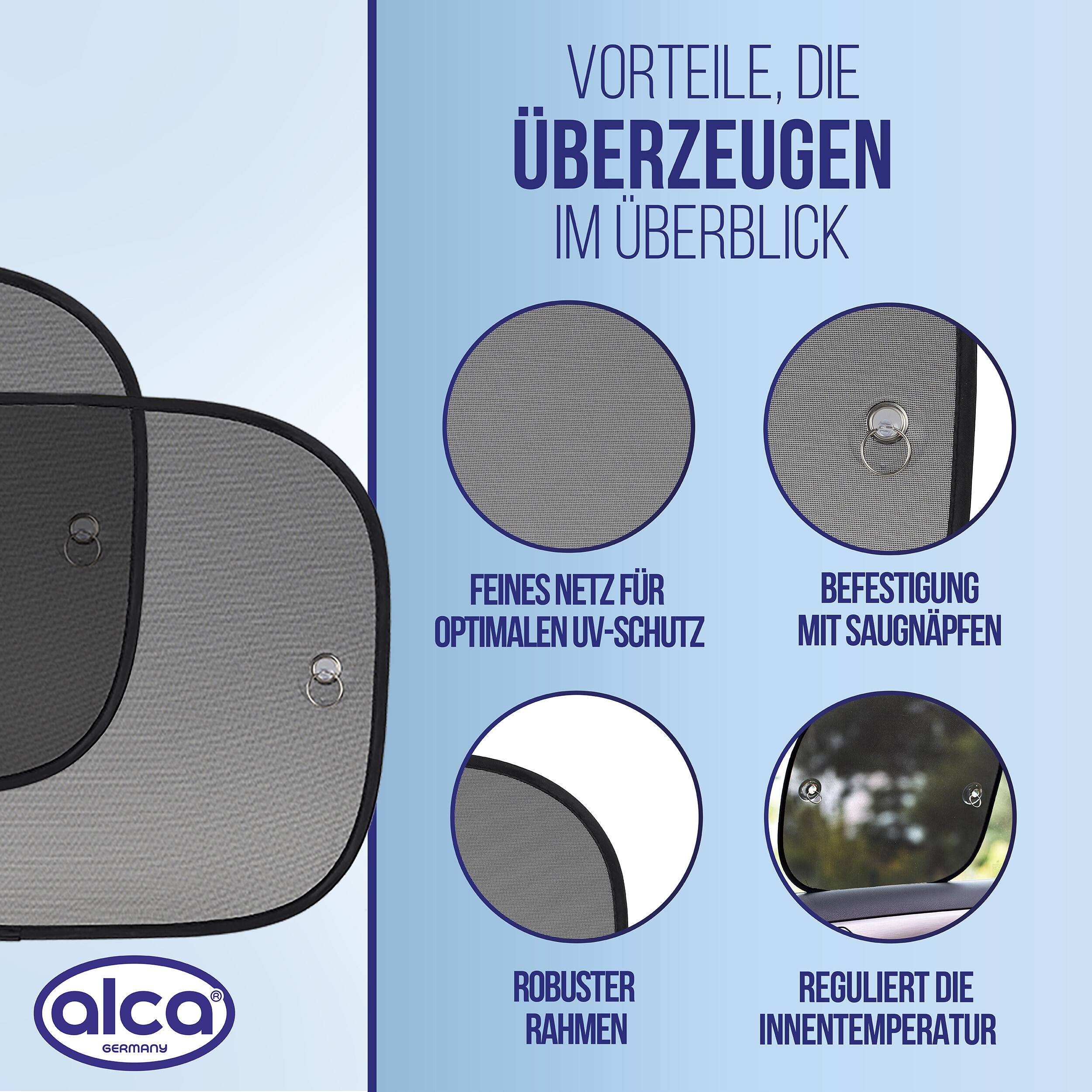 alca® Auto-Sonnenschutz 44x36cm 2er Set Autofenster Sonnenblende UV Schutz Befestigung mit Saugnäpfen Scheibe