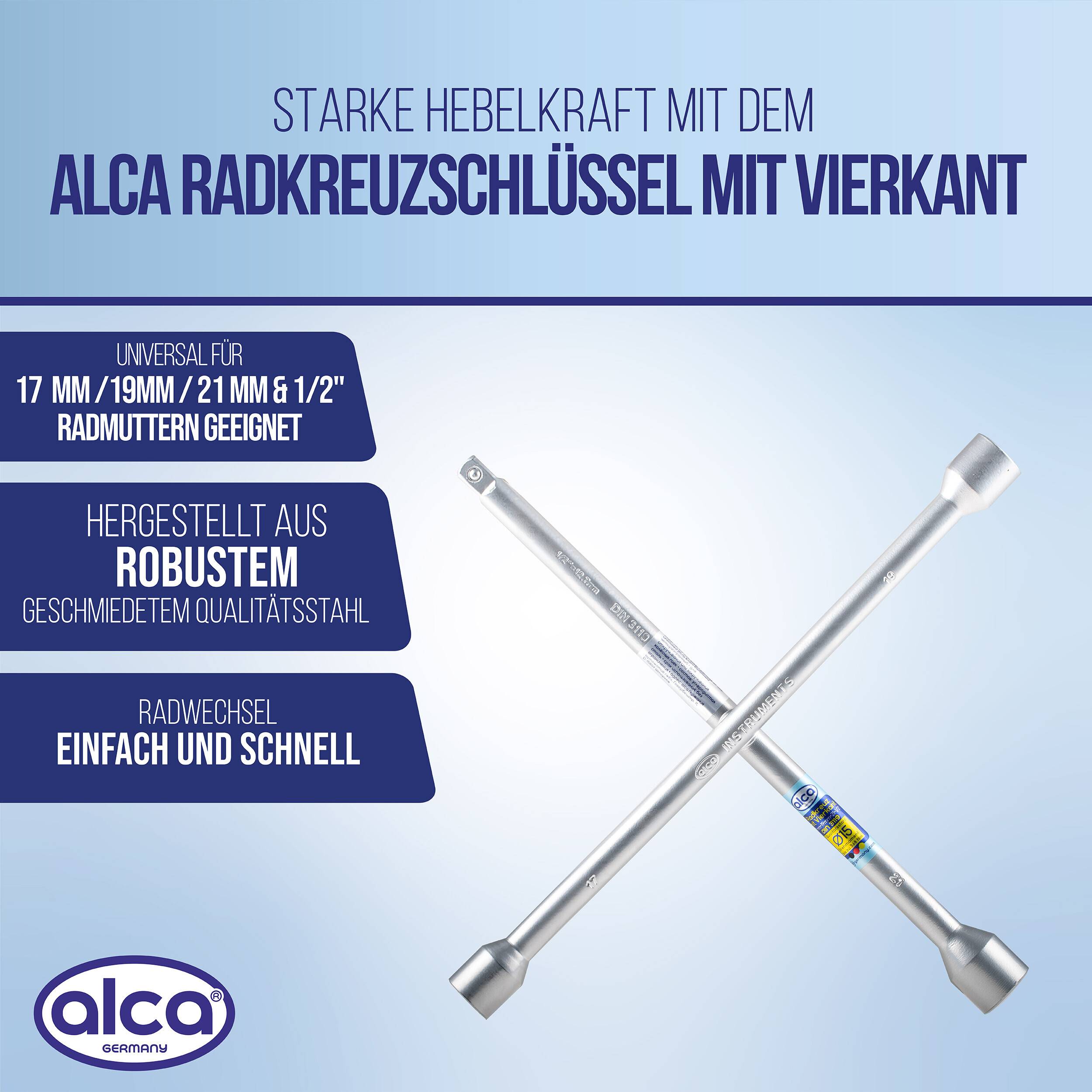 alca® Radkreuzschlüssel 1/2" Vierkant 17 19 21 Universal Rad Kreuzschlüssel Radschlüssel mit Gelenk Radmuttern Stahl in