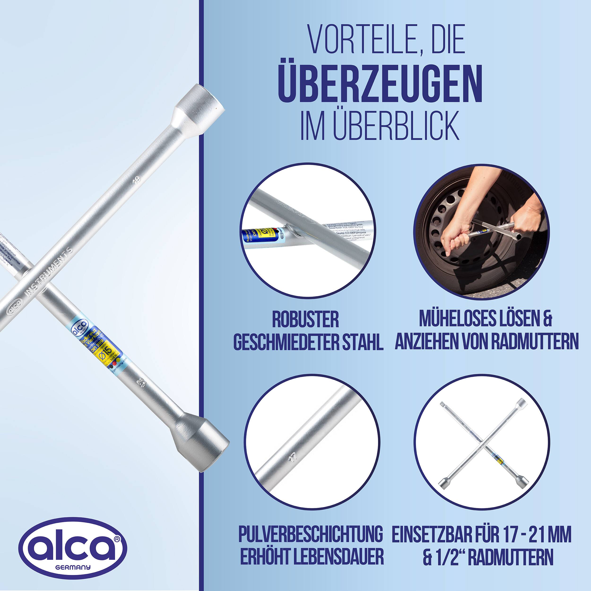 alca® Radkreuzschlüssel 1/2" Vierkant 17 19 21 Universal Rad Kreuzschlüssel