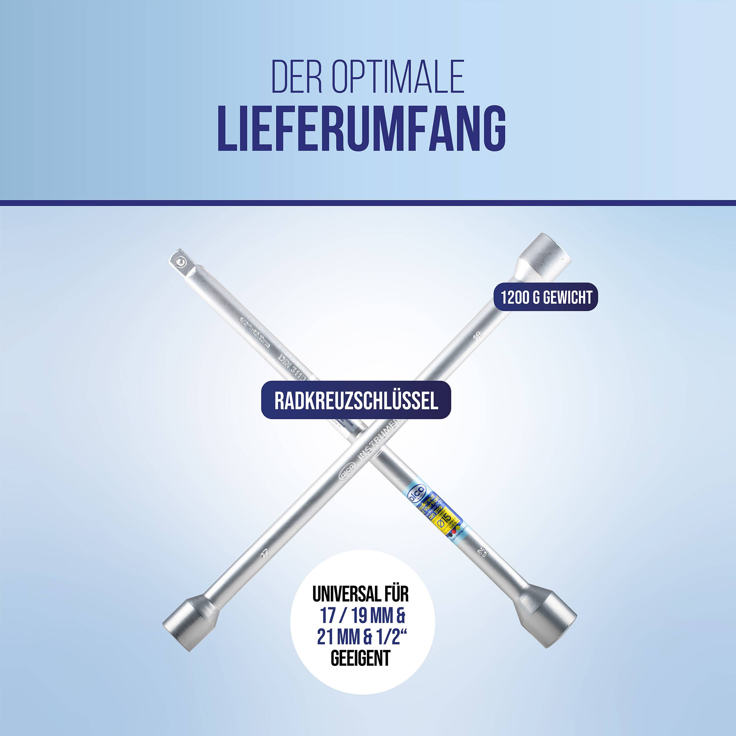 alca® Radkreuzschlüssel 1/2" Vierkant 17 19 21 Universal Rad Kreuzschlüssel Radschlüssel mit Gelenk Radmuttern Stahl in