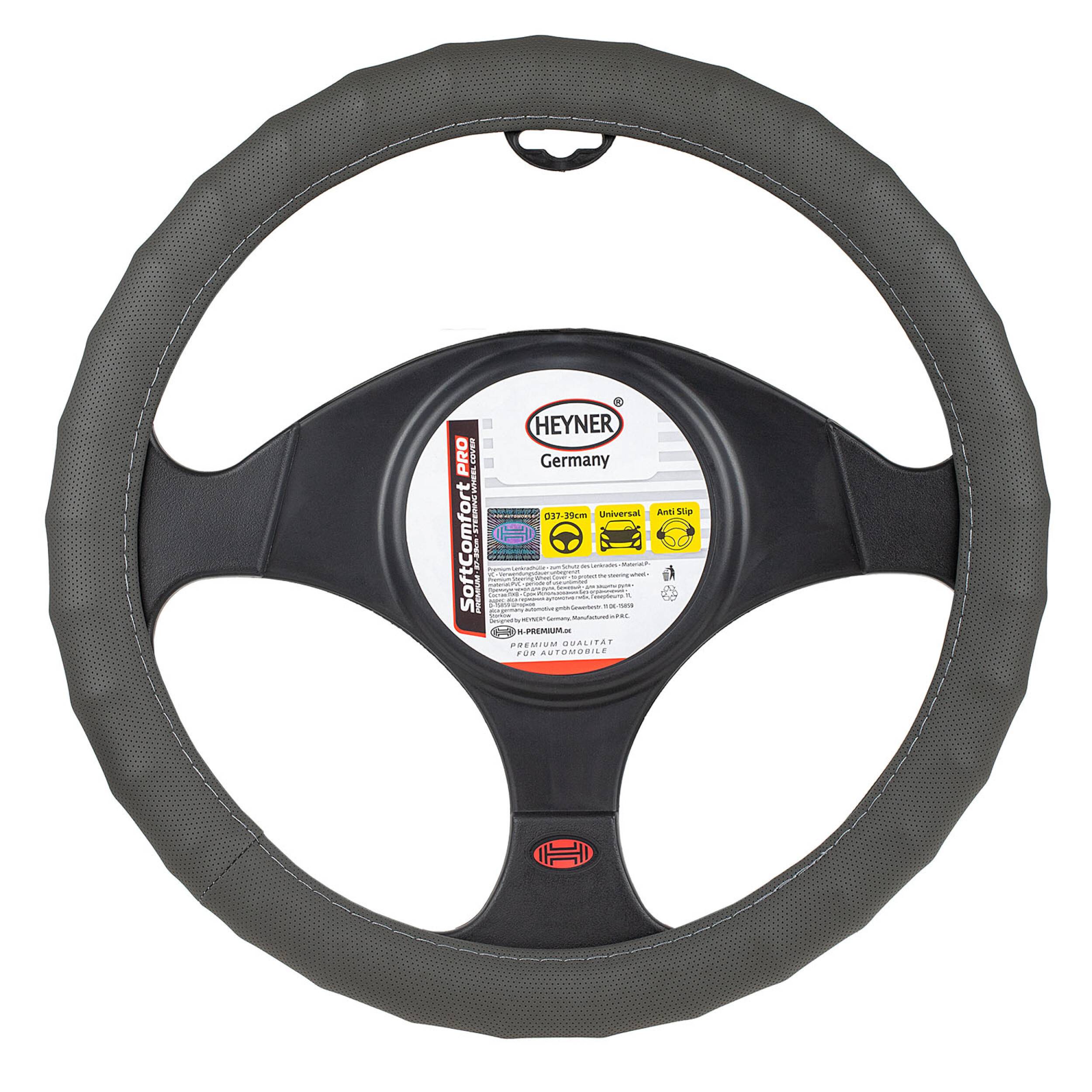 HEYNER® Lenkradhülle Auto 37-39 cm elegant Lenkradschoner grau perforiertes weiches Leder Universal griffsicher