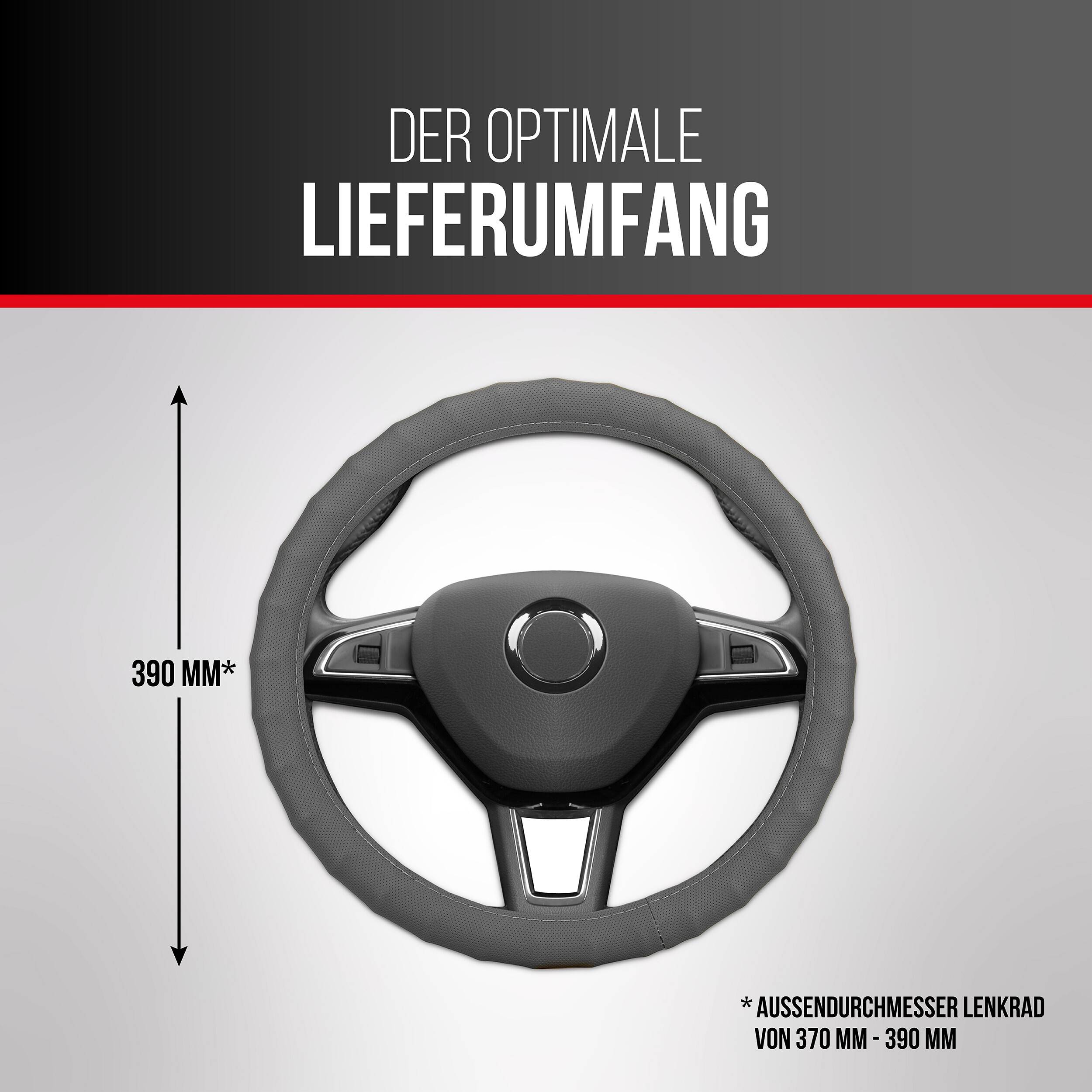 Produktbild eines Lenkrads mit Bezug; Text besagt „Der optimale Lieferumfang
