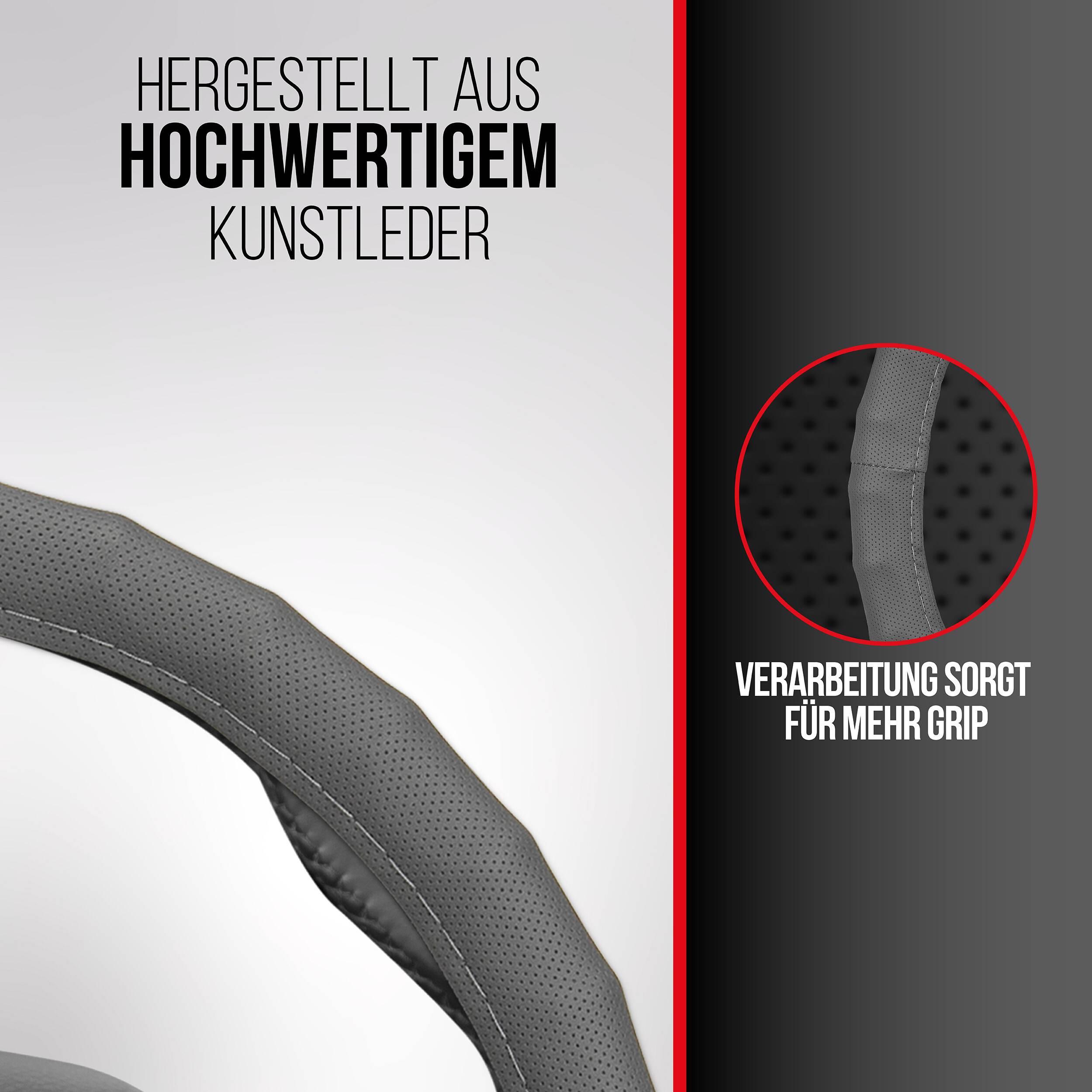 Produktanzeige mit einem grauen perforierten Kunstleder-Lenkradüberzug, gekennzeichnet mit 