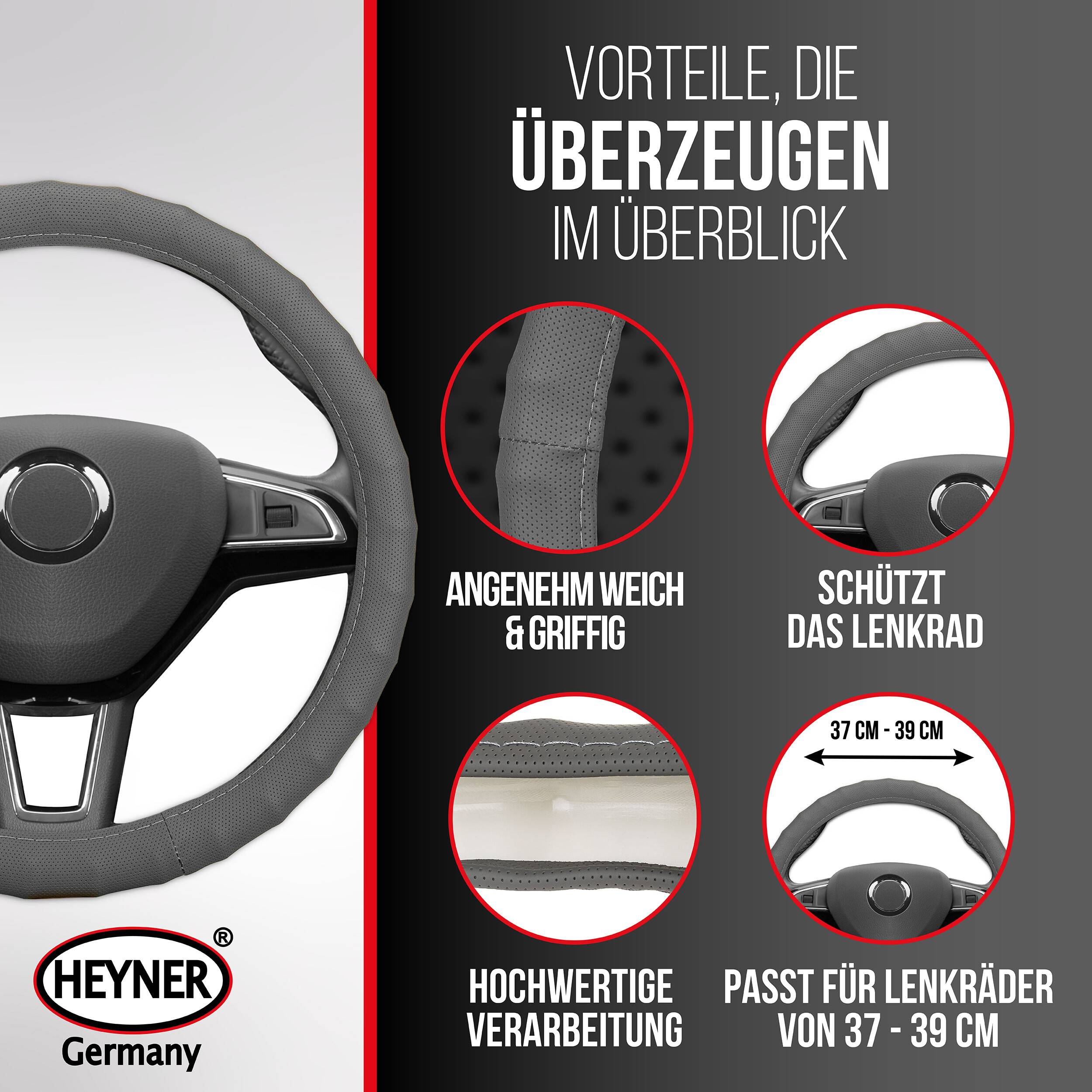 HEYNER® Lenkradhülle 37-39 cm, weich griffig grau soft, rutschfest perforiert geruchsneutral