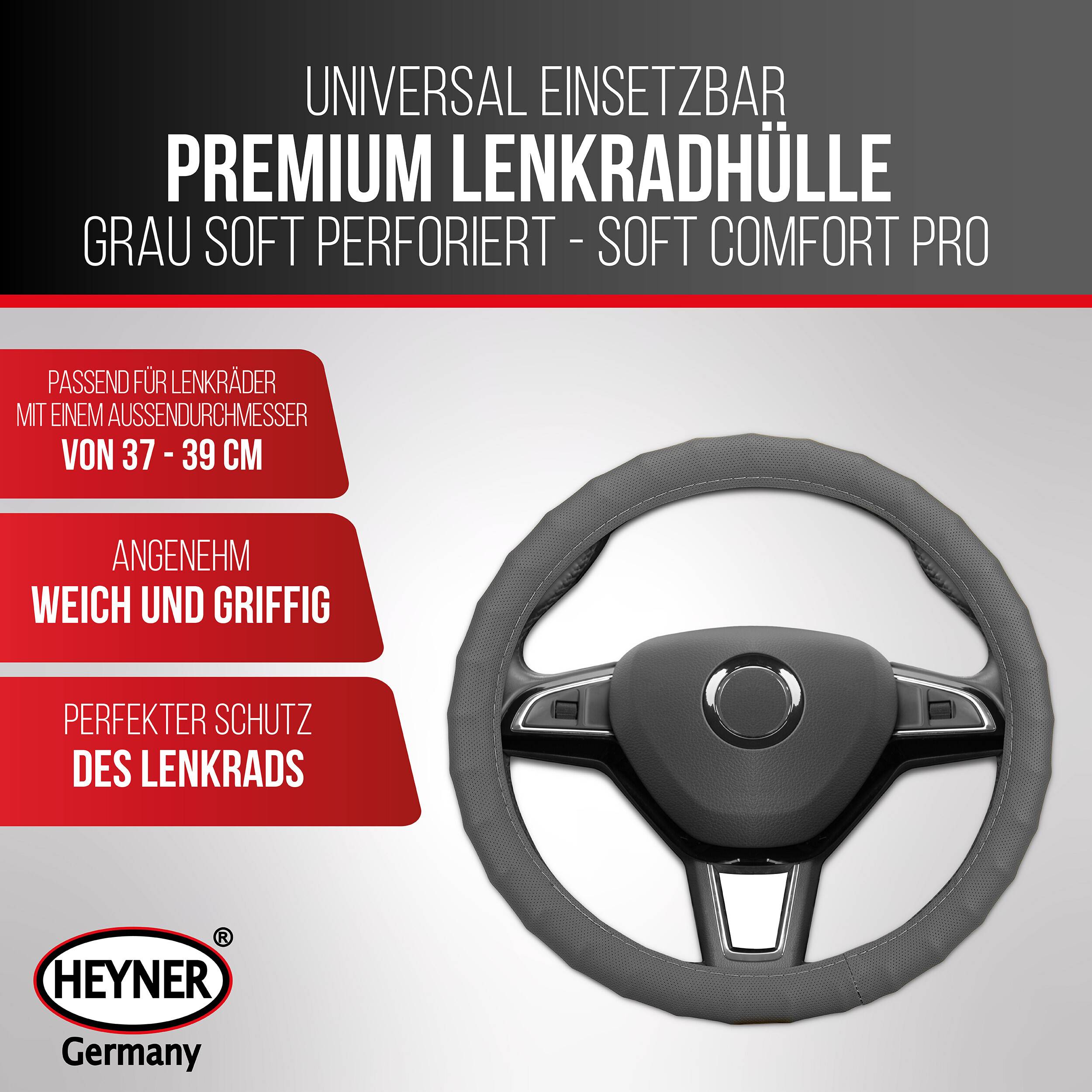 HEYNER® Lenkradhülle 37-39 cm, weich griffig grau soft, rutschfest perforiert geruchsneutral