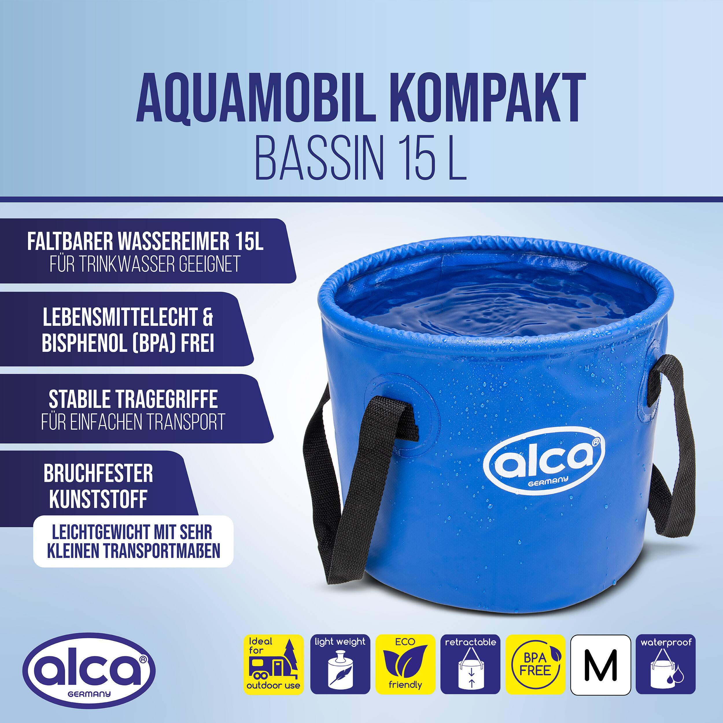 Blue Alca Aquamobil Kompakt 15L faltbarer Wassereimer, BPA-frei, leicht, bruchsicher, mit Tragegriffen und wasserfesten Symbolen.