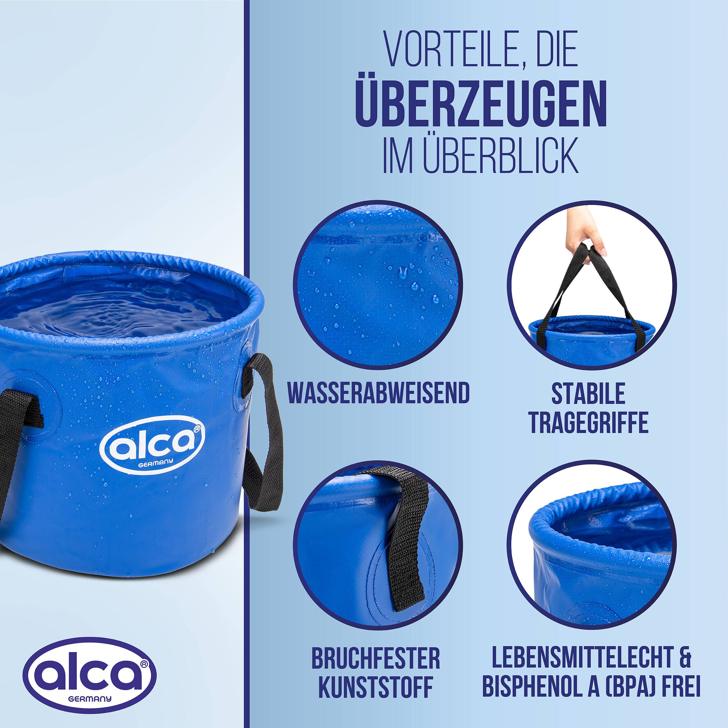 Infografik eines blauen zusammenklappbaren Eimers mit Hervorhebung der Vorteile: wasserfest, stabile Tragegriffe, bruchsicherer Kunststoff und lebensmittelgeeignetes, BPA-freies Material.