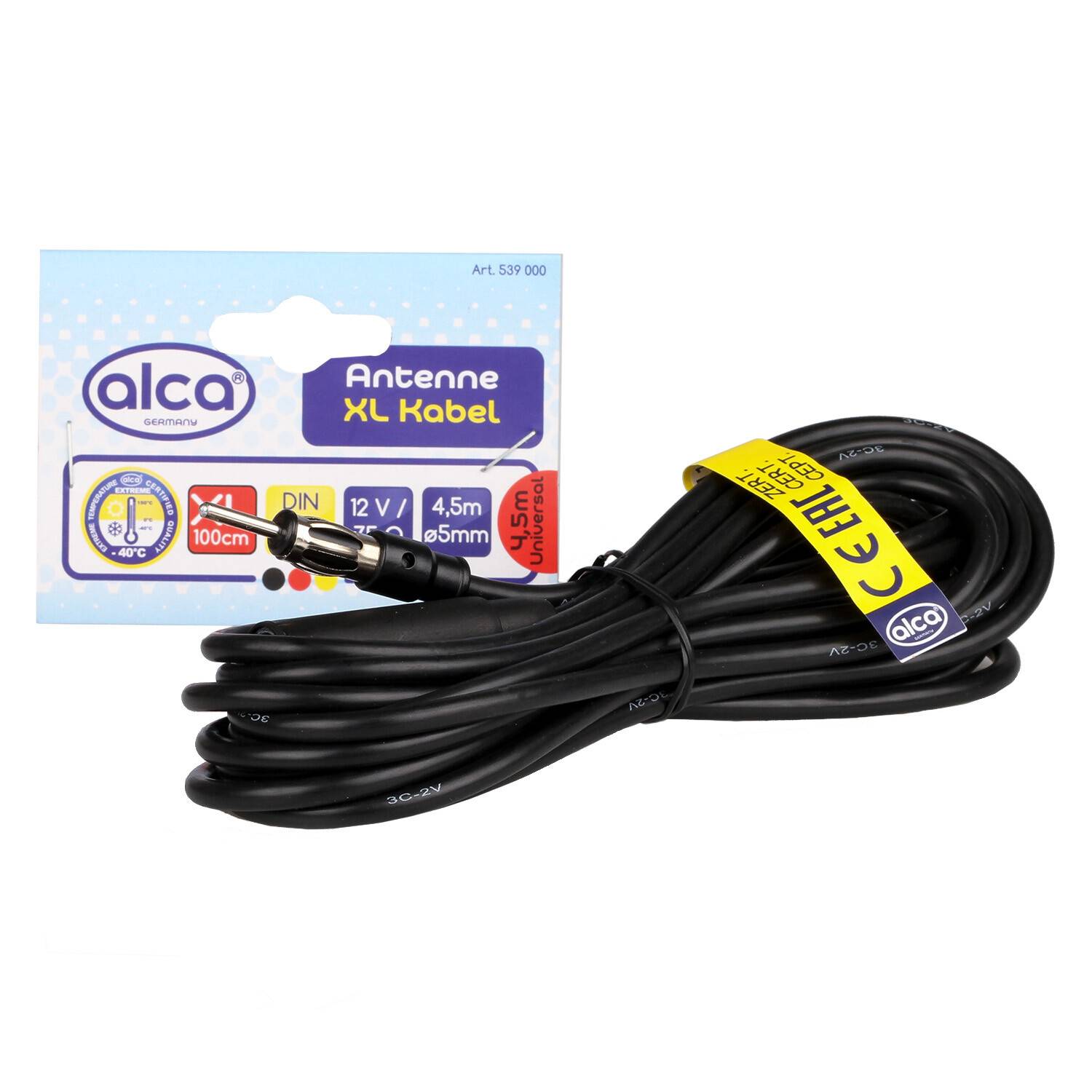 Schwarzes Alca 12V Antennenkabel, 4,5m Länge, mit Verpackung, die Produktdetails zeigt, einschließlich 100cm Verlängerung und sicherer PIN-Stecker.