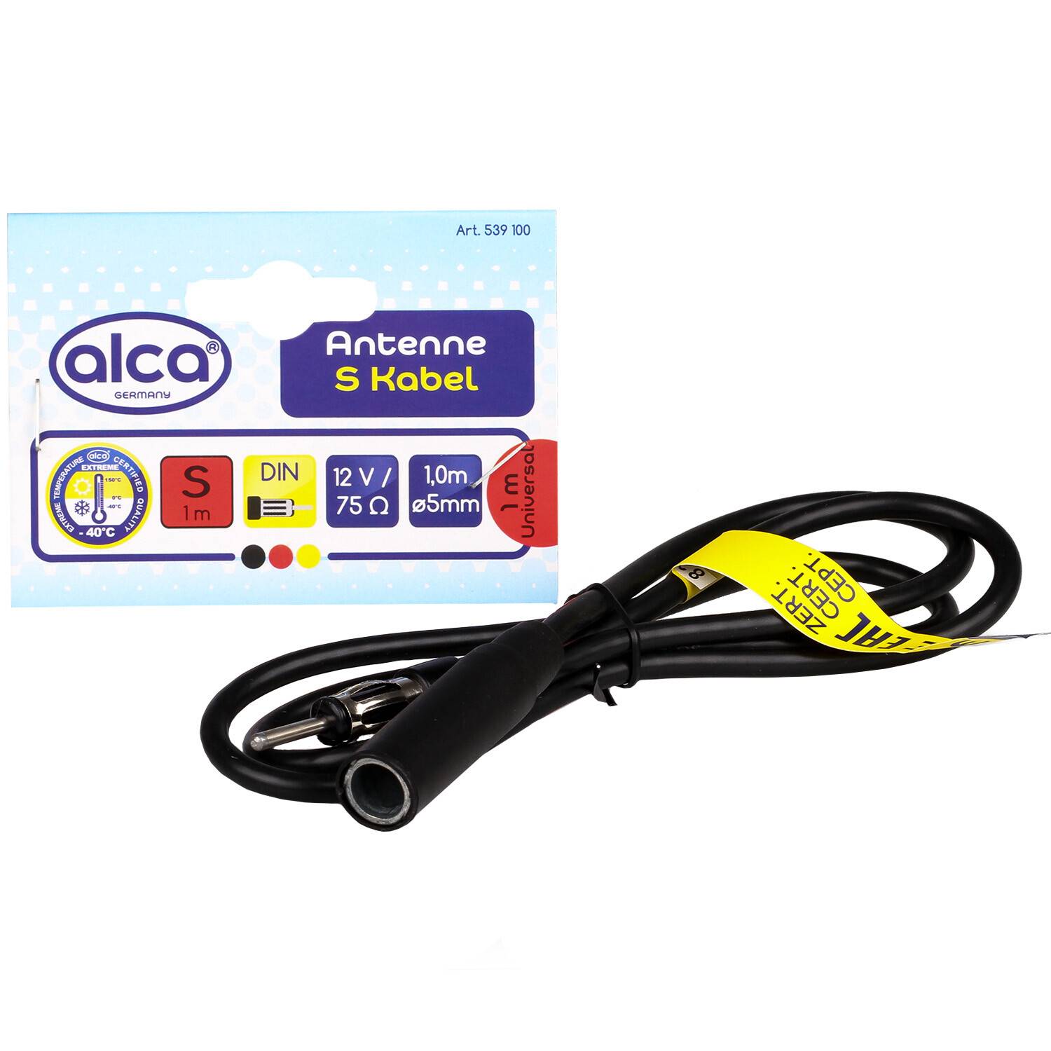 ALCA Antenne S Kabel' Verpackung mit schwarzem Kabel. Merkmale sind: 1,0m Länge, 12V, 75Ω. Zur Verwendung bei Temperaturen bis zu -40°C.