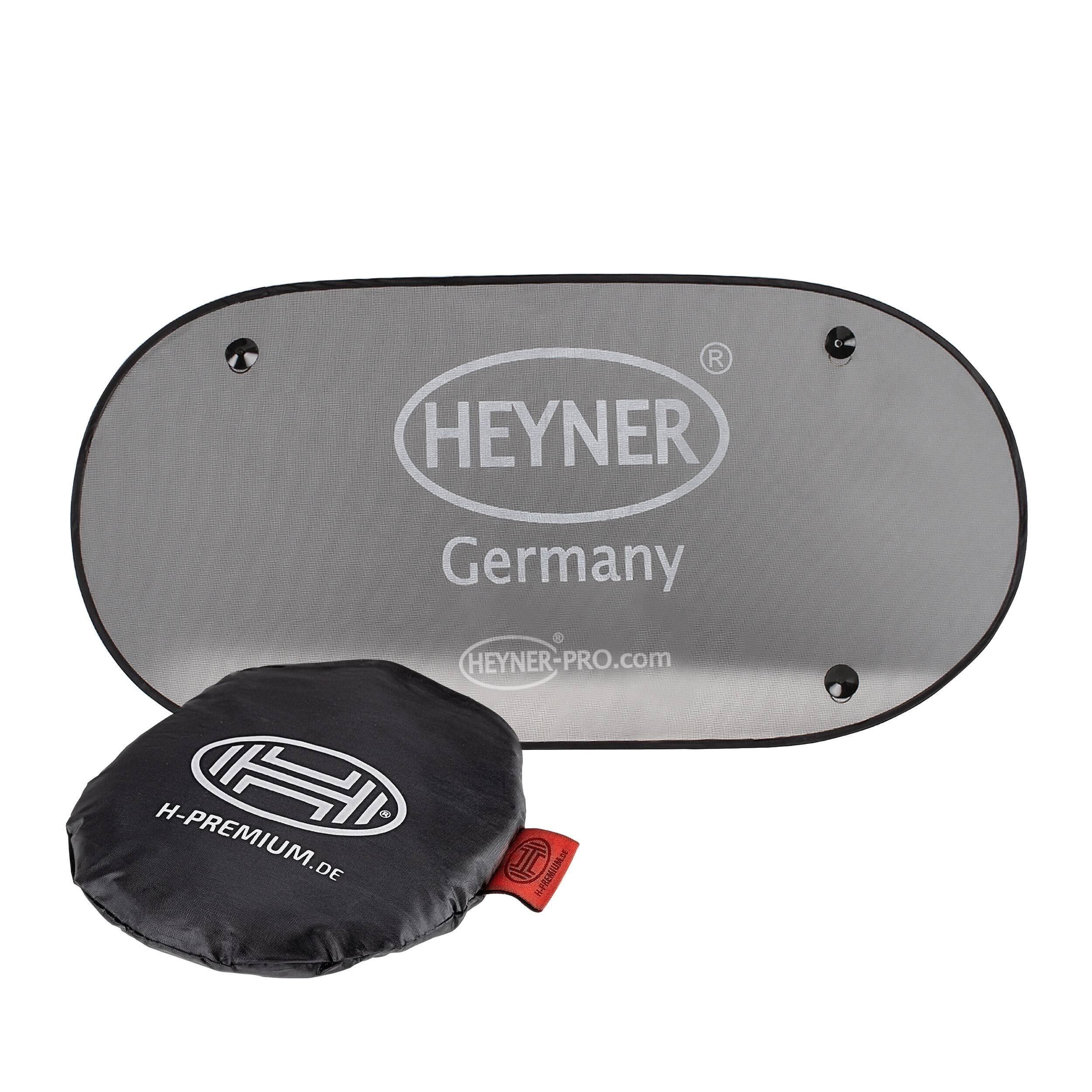 Heyner Germany Auto-Sonnenschutz-Set mit einem grauen Heckscheiben-Sonnenschutz und einer gefalteten schwarzen H-Premium.de Aufbewahrungstasche mit rotem Etikett.