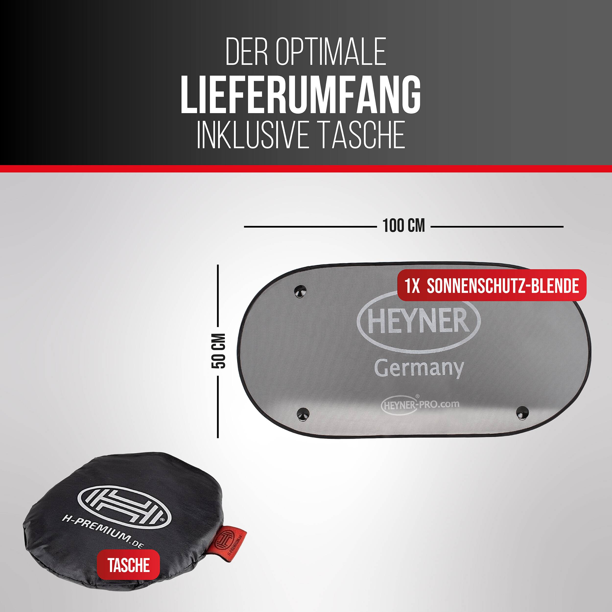 Produktpaketgrafik mit Darstellung der enthaltenen Artikel: ein Sonnenschutzpanel von 100 cm x 50 cm und eine Aufbewahrungstasche, beschriftet mit 