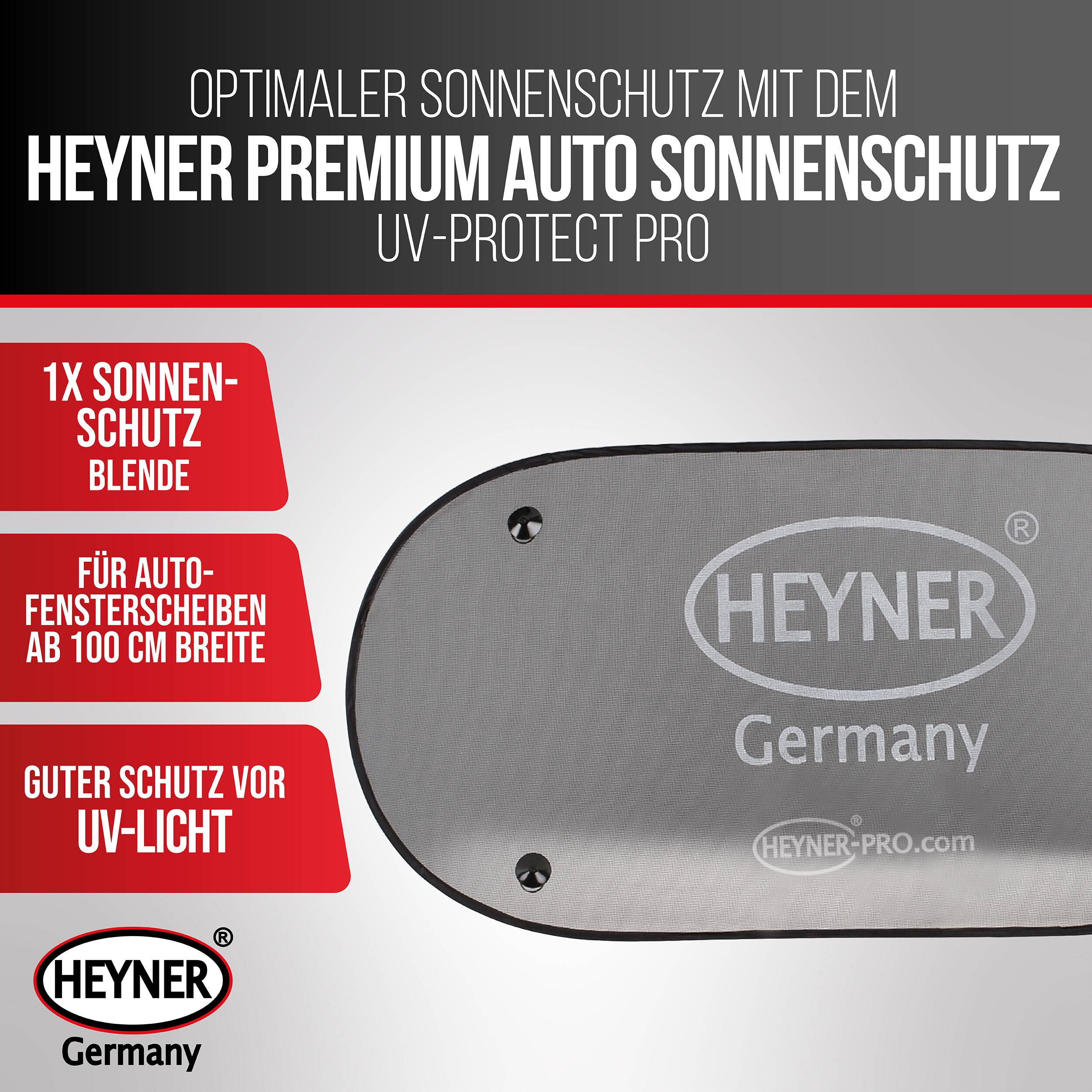 Werbung für Heyner Premium Auto Sonnenschutz UV-Protect Pro Sonnenschutz, zeigt eine graue Autofensterblende mit Text: '1x Sonnenschutzblende', 'für Autofensterscheiben ab 100 cm Breite', und 'guter Schutz vor UV-Licht'.