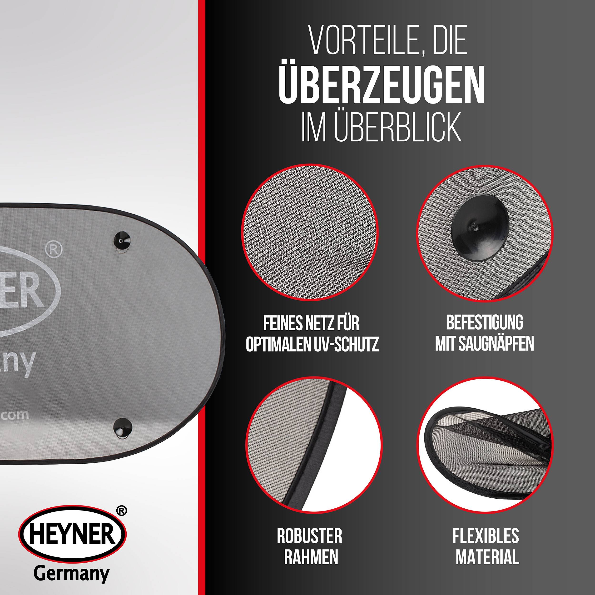 Produktwerbegrafik mit einem grauen Maschensieb und vier Hinweisen: feines Maschensieb für UV-Schutz, Saugnapfbefestigung, robuster Rahmen und flexibles Material.