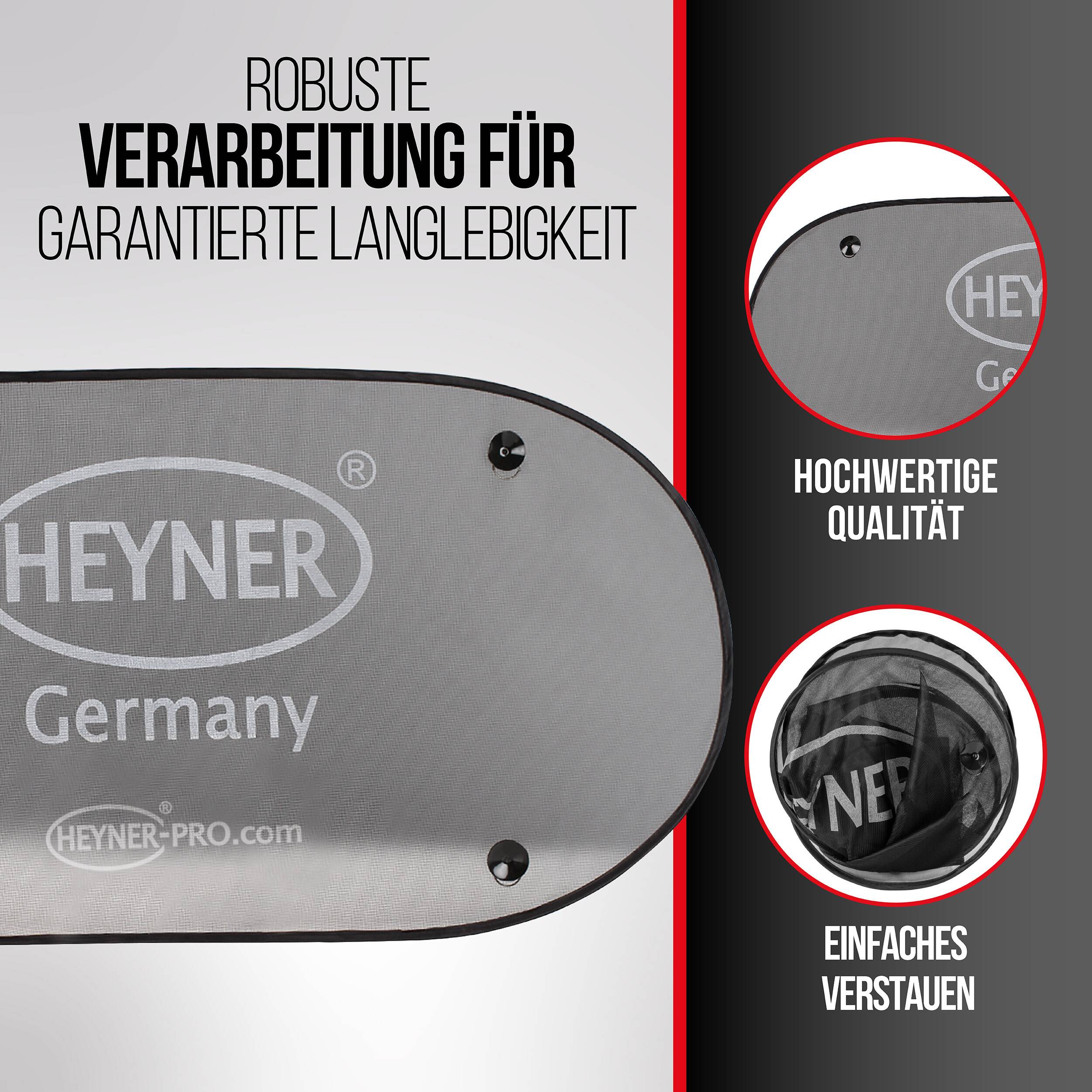 Werbegrafik für HEYNER Autoaccessoires, zeigt eine graue Abdeckung mit 