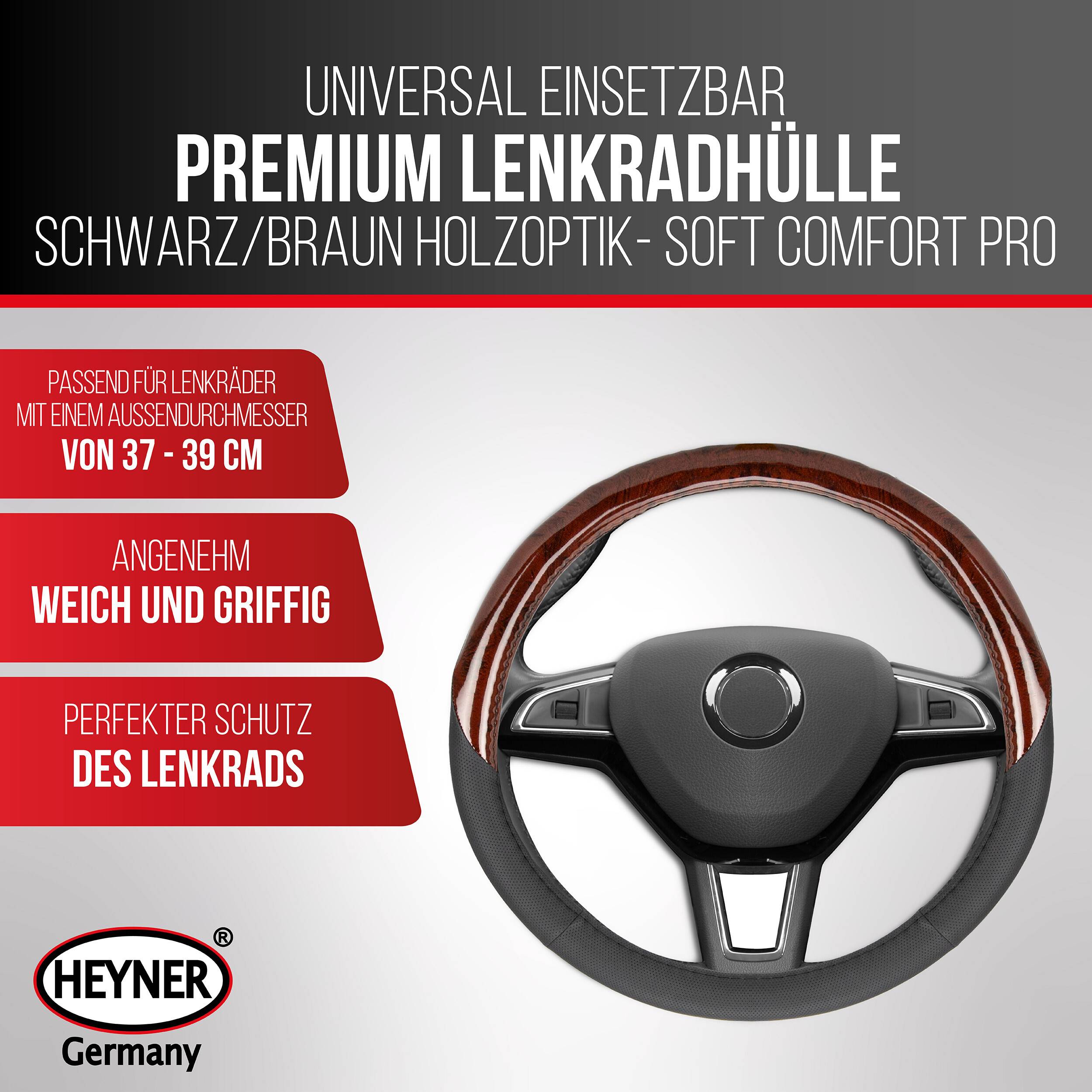 HEYNER® Lenkradhülle braun, 37-39cm Lenkradschoner in rutschfester, weicher &