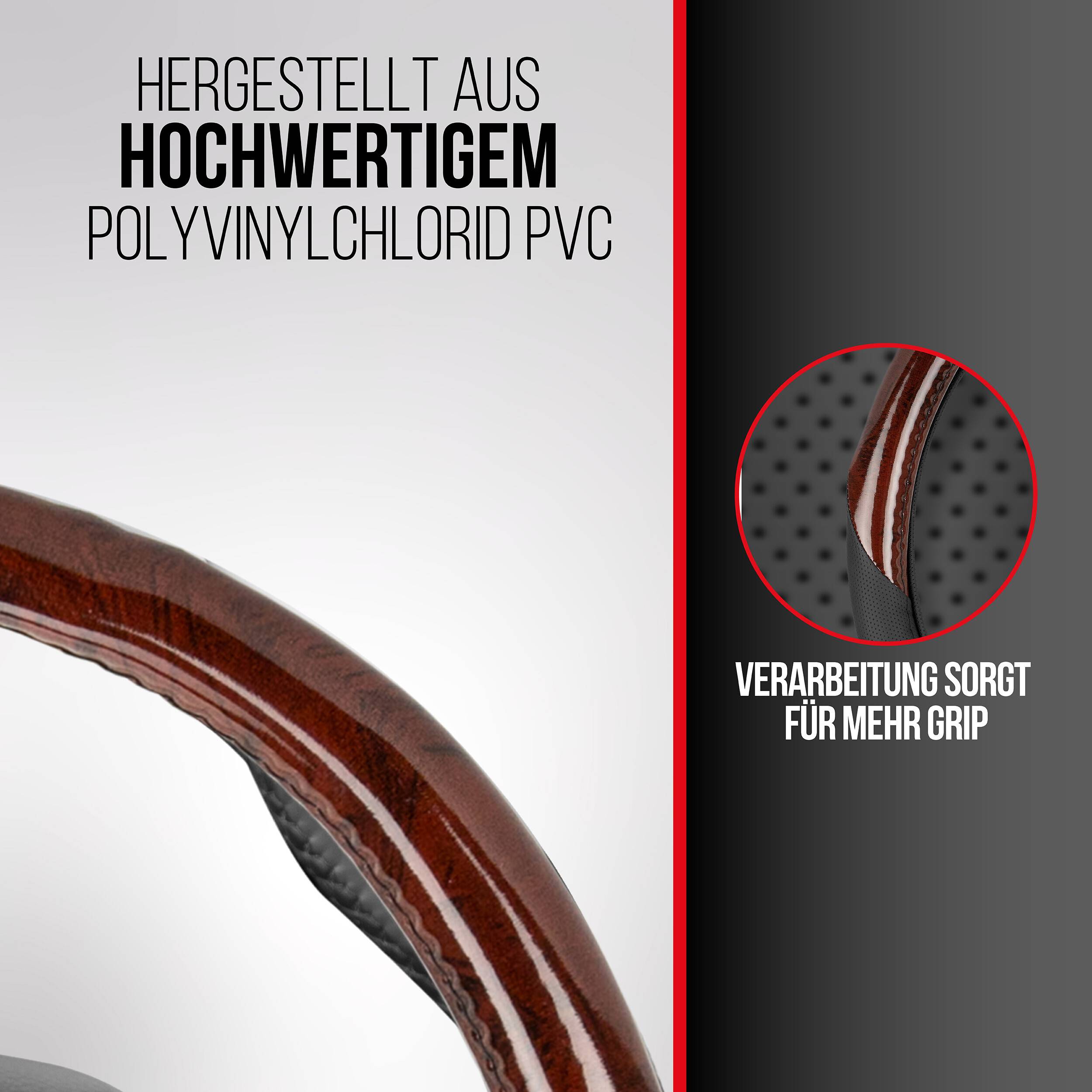 Promotionsbild einer geschwungenen Lenkradabdeckung aus hochwertigem PVC mit Nahaufnahmedetail und deutschem Text, der verbessertes Griffgefühl hervorhebt.