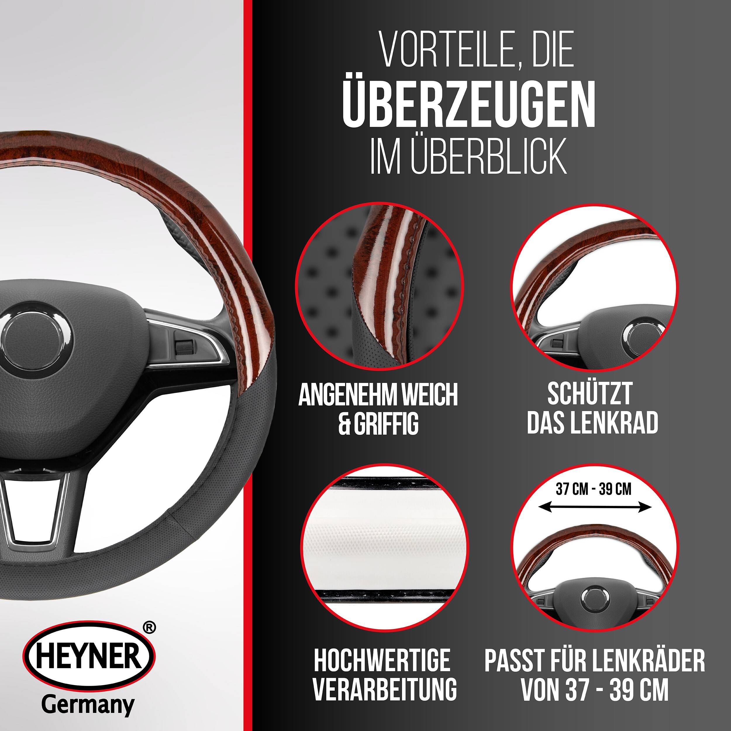 HEYNER® Lenkradhülle braun, 37-39cm Lenkradschoner in rutschfester, weicher &