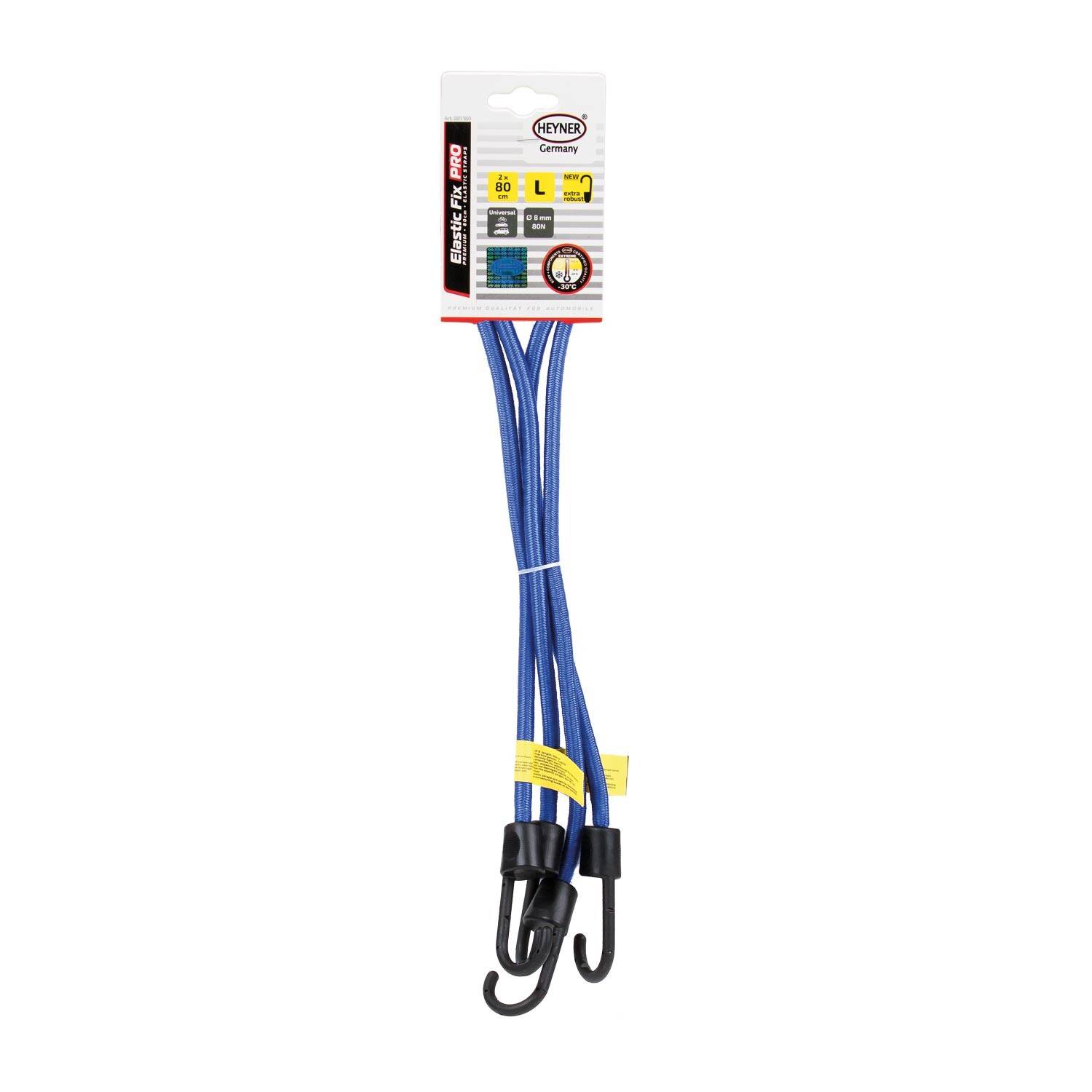 Ein Bündel blauer Spannseile mit schwarzen Haken, gekennzeichnet mit '100 cm, 10 kg'. Die Verpackung zeigt das Markenlogo und Funktionen in Englisch, Deutsch und Französisch.