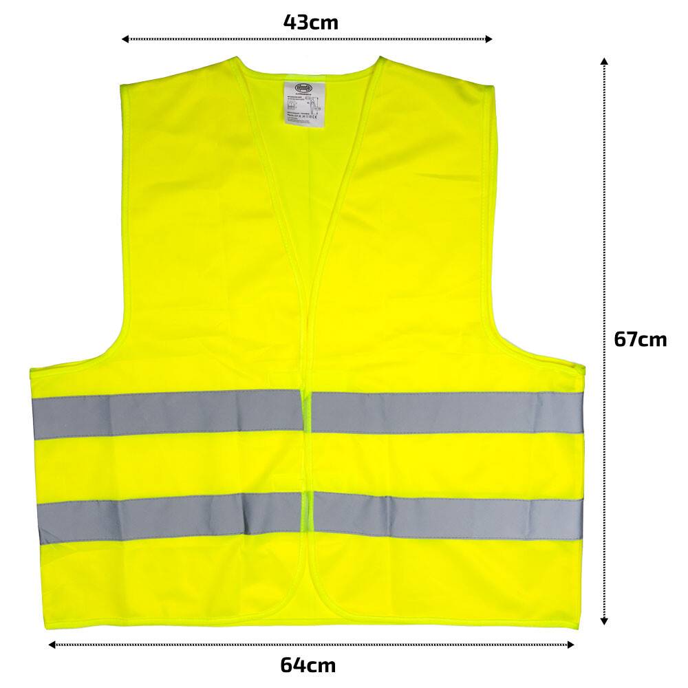 Gelbe Sicherheitsweste mit zwei horizontalen reflektierenden Streifen und Abmessungen: 43 cm Breite an den Schultern, 64 cm Breite am unteren Ende, 67 cm Länge.