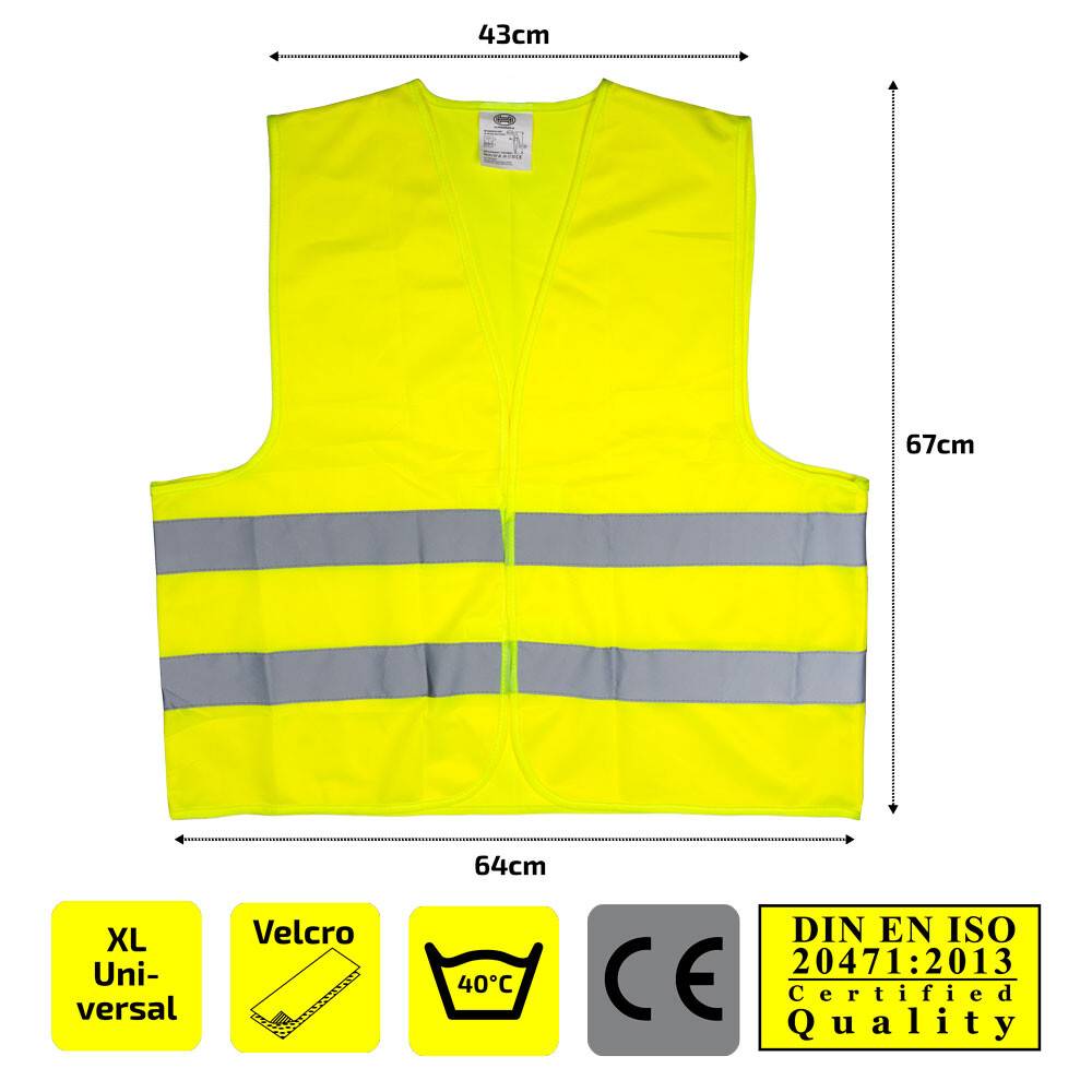 HEYNER® Warnweste Leuchtend Gelb, Größe XL, mit Aufbewahrungstasche Reflektorweste, seitlich geschlossen mit