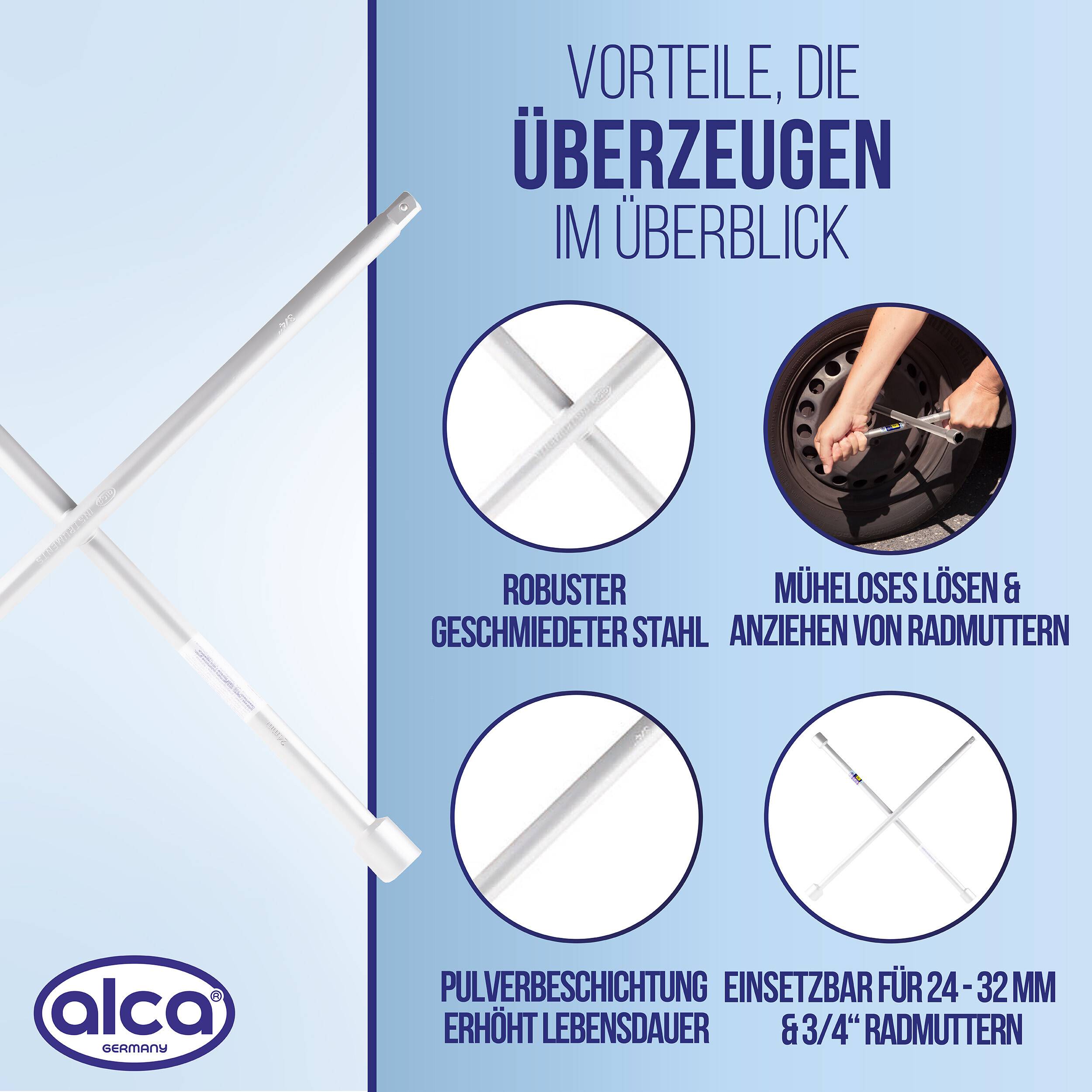 Produktinfografik mit einem weißen X-förmigen Radschlüssel; der Text hebt geschmiedeten Stahl, einfaches Lösen/Anziehen von Radmuttern, Pulverbeschichtung und Verwendung für 24–32-mm- und 3/4-Zoll-Muttern hervor.