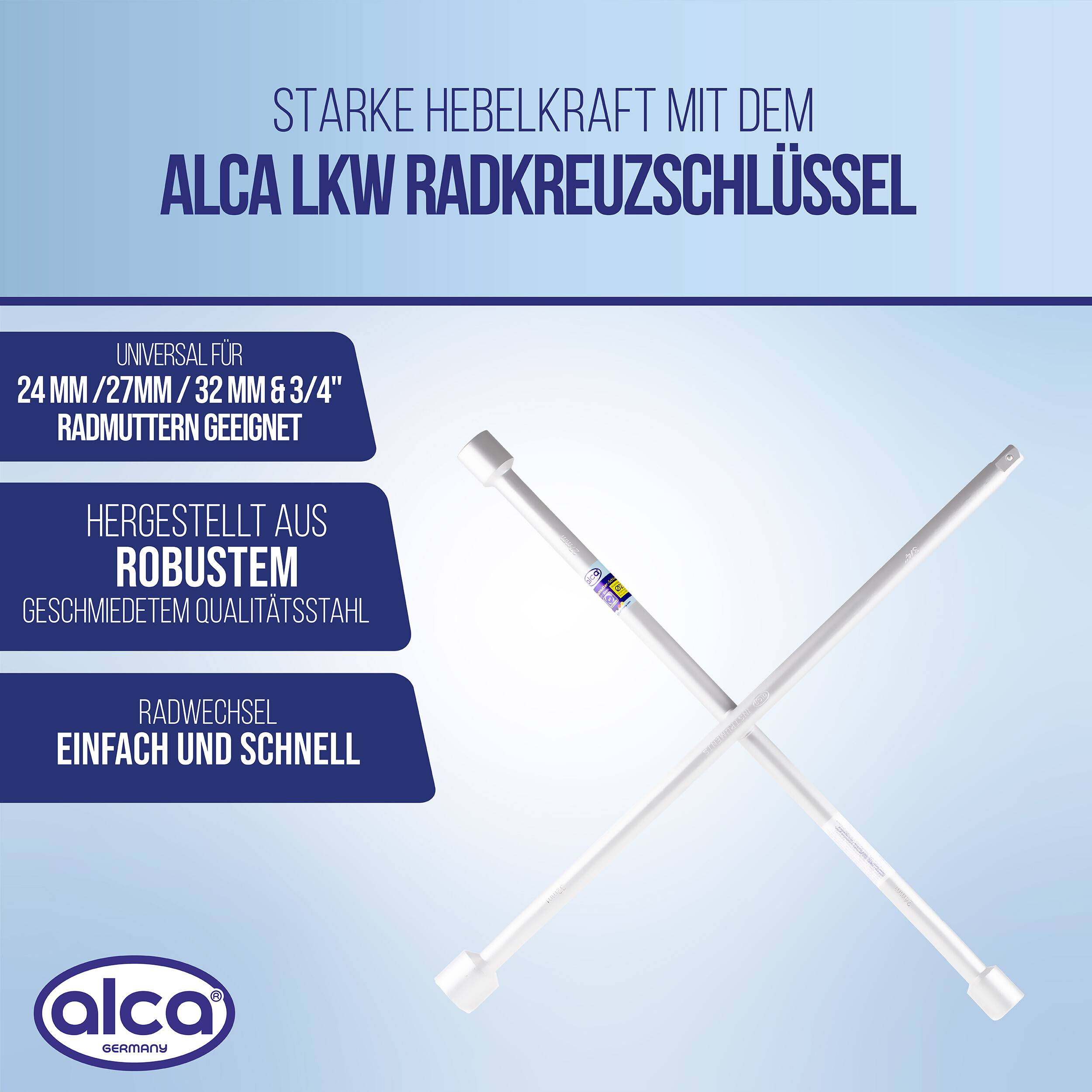 Deutsches Angebot, das einen X-förmigen ALCA LKW Kreuzschlüssel zeigt, der starke Hebelwirkung hervorhebt, passt auf 24/27/32 mm und 3/4