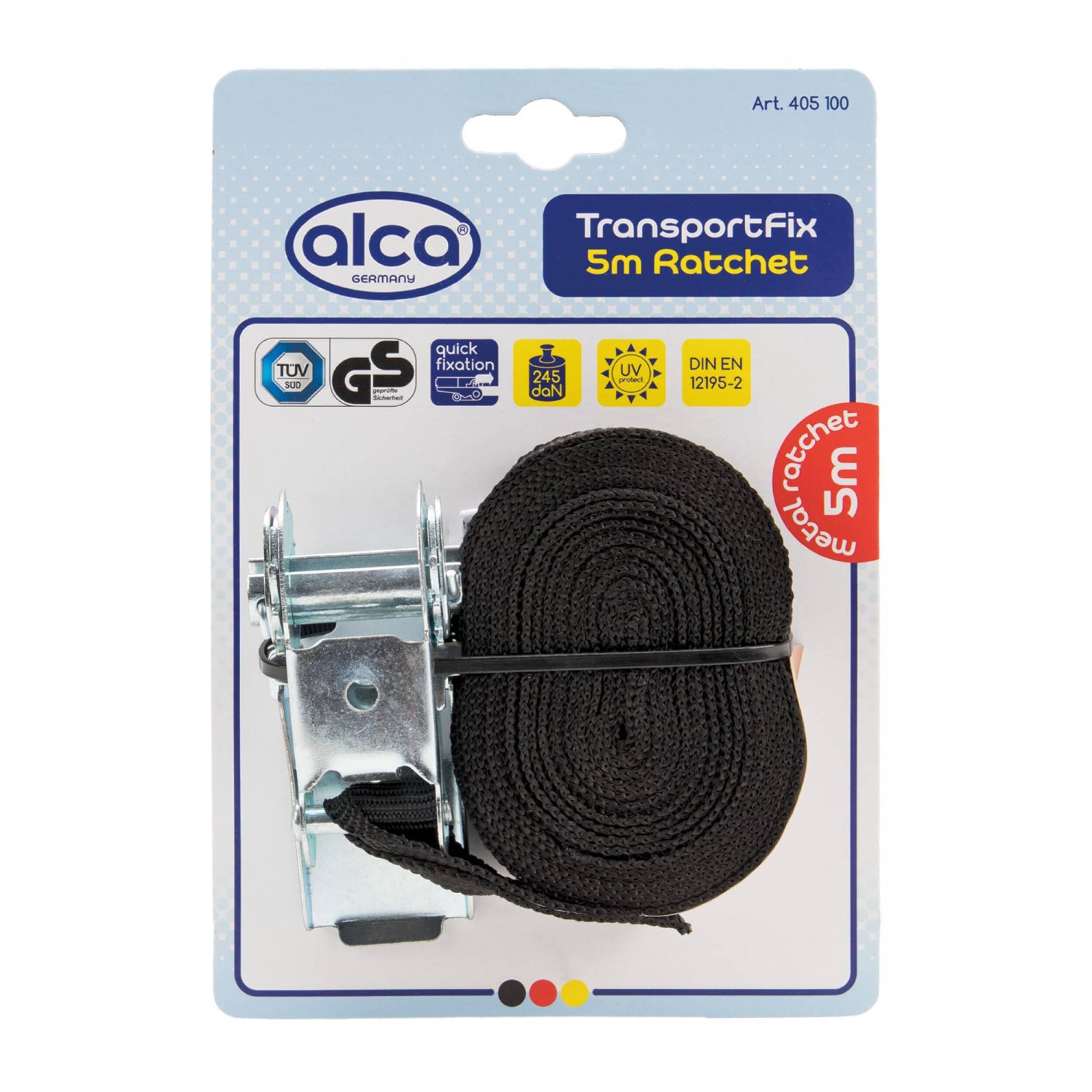 alca® Spanngurt 1 x 5 m mit Ratsche 245 daN schwarz verstellbar mit Ratschenspanner Spanngurt Zurrgurt Ratschengurt