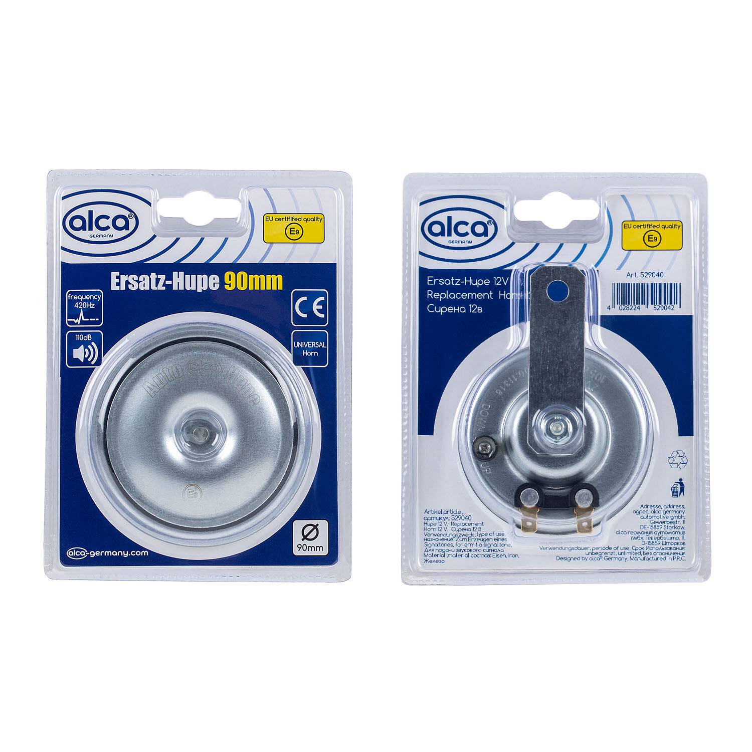 Zwei verpackte Alca Ersatz-Hupen in Glockenform aus Metall/Horn, Vorder- und Rückansicht, gekennzeichnet mit 
