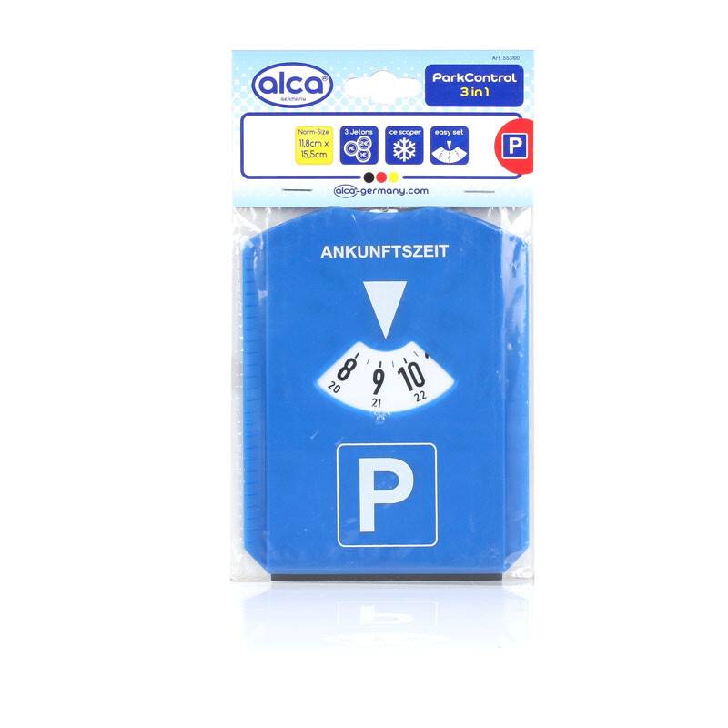 Parkscheiben-Paket mit einem blauen Parkuhr-Timer mit einem 'P'-Symbol und deutschem Text 'ANKUNFTSZEIT'.