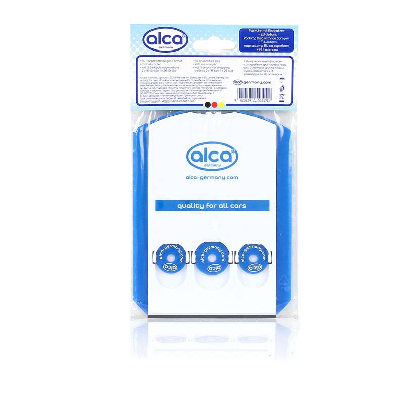 Ein verpackter blauer alca Deutschland Eiskratzer, mit der Aufschrift „Qualität für alle Autos