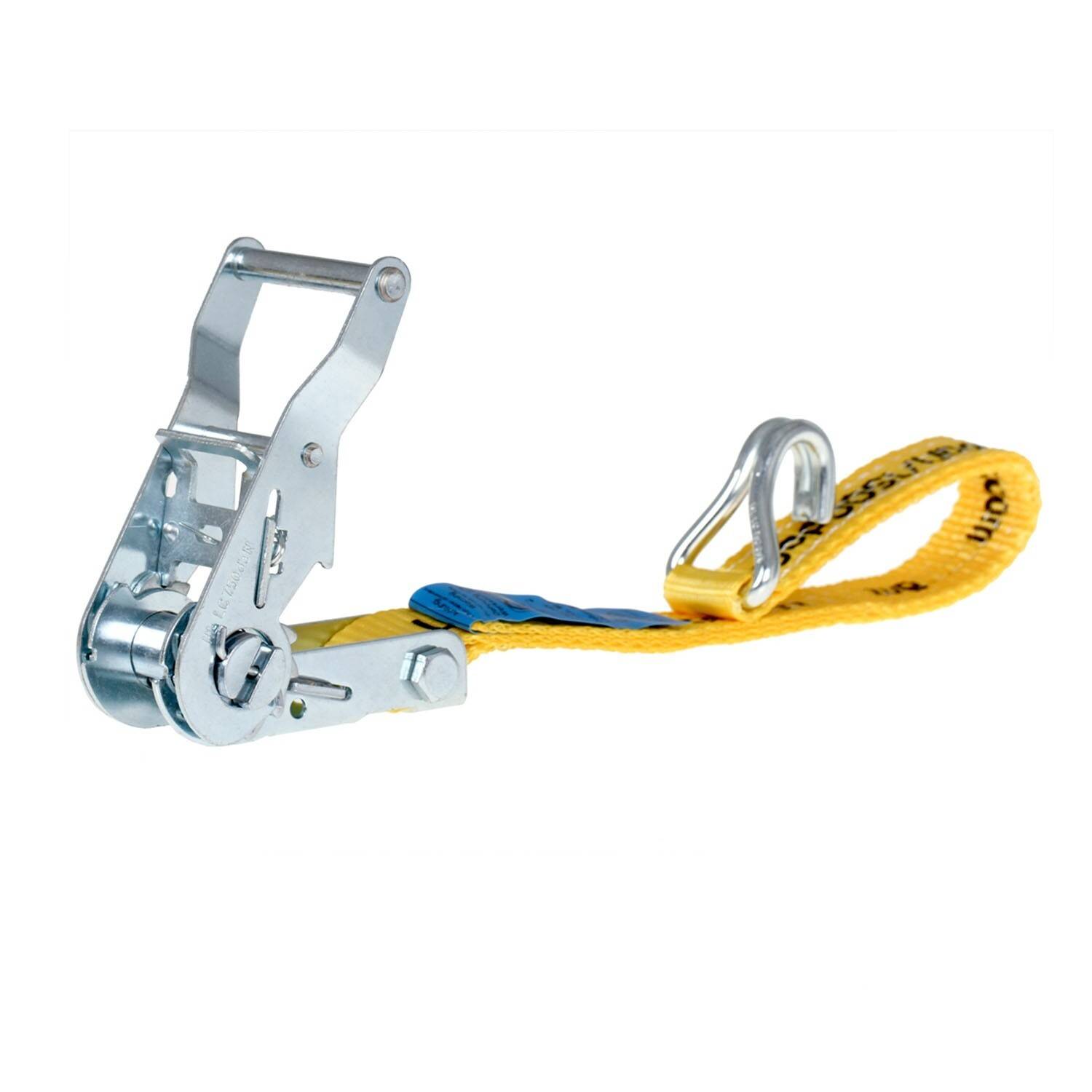 Ein gelber Spannriemen mit metallischer Spannvorrichtung und Haken befestigt, wird zum Sichern von Gegenständen verwendet.