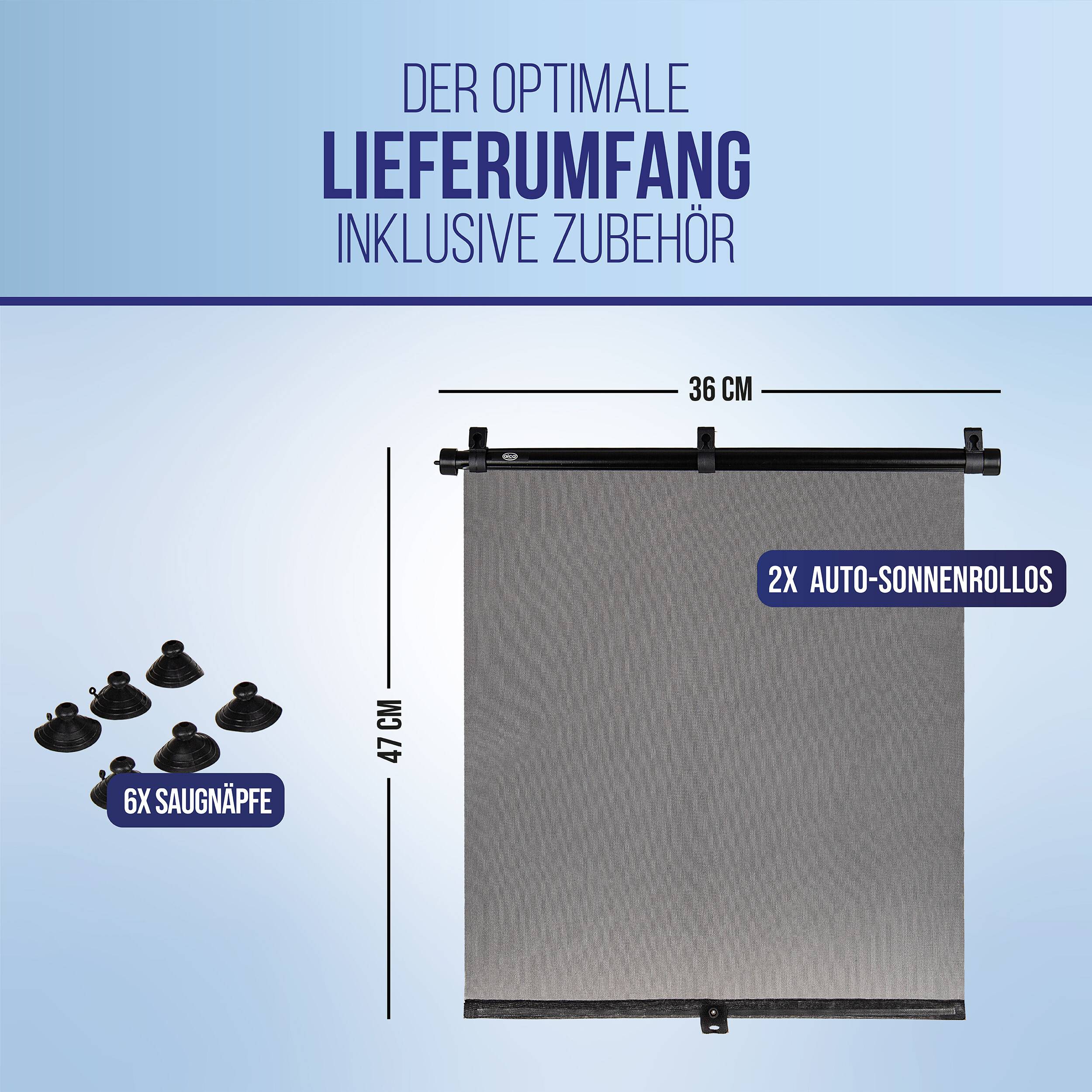alca® Auto-Sonnenrollo 2 x 40 x 55 cm Autofenster Sonnenblende UV Schutz mit Saugnapf & Einhand-Einrollfunktion